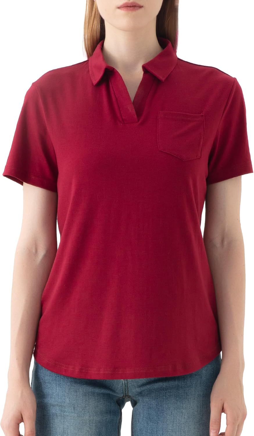 Women's V-Neck Ruffle Design Polo Shirts Short Sleeve Collared Loose Casual Tunic Blouses with Pocket Wine-red Small