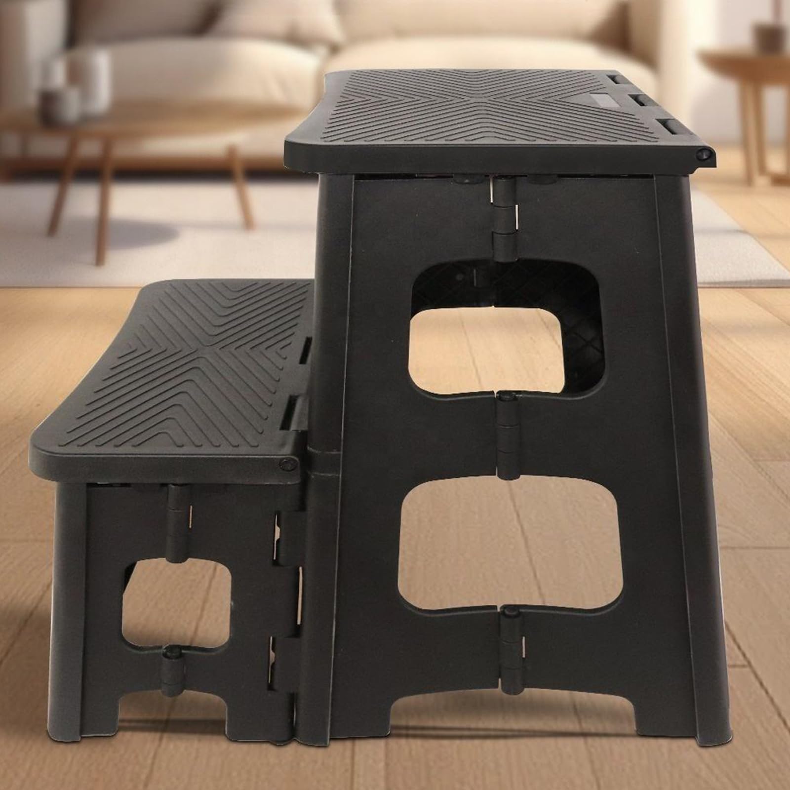 16.5 Inch/42cm Folding Step Stool Large Size Kitchen Anti Folding Step Ladder Portable Collapsible Plastic Bedside Step Stool For Adults Space Saving 300 Lbs Load Capacity, Pack Of 2, Black