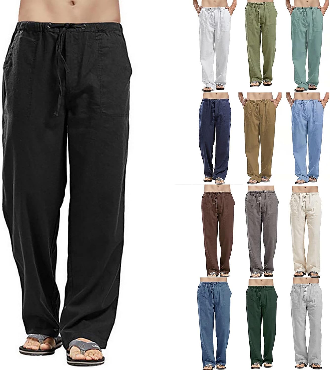 Men's Linen Beach Pants Elastic Waist Drawstring Lounge Trousers Lightweight Wide Legs Yoga Trousers with Pockets