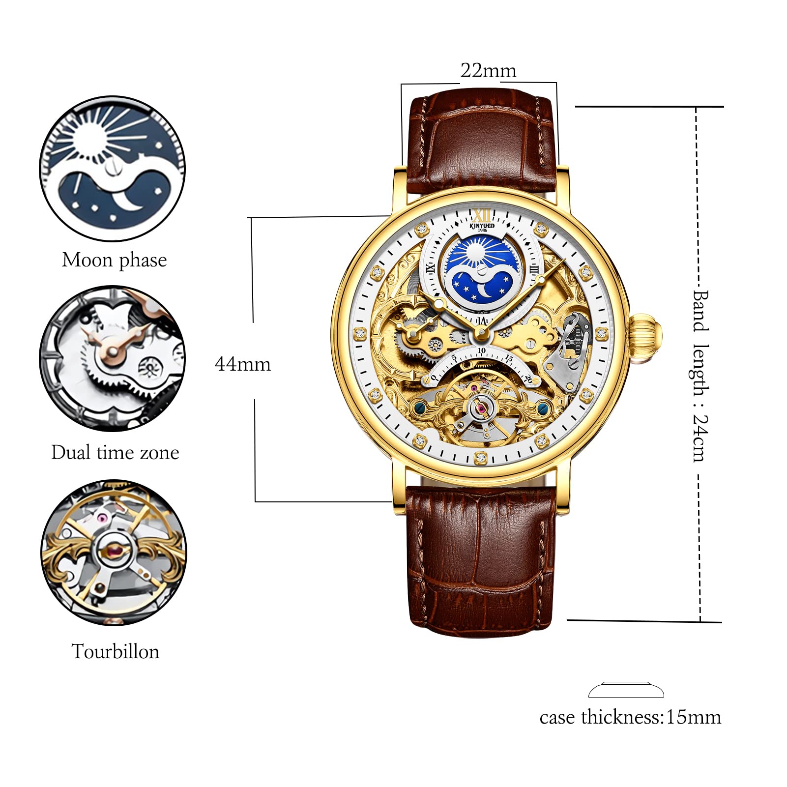 FORSINING Herren-Armbanduhr Tourbillon Mondphase, automatische Armbanduhr, modisch, Business, luxuriös, Skelett, Herrenuhr, zweifache Zeitanzeige, selbstaufziehendes Lederband, Goldbraun, Armband