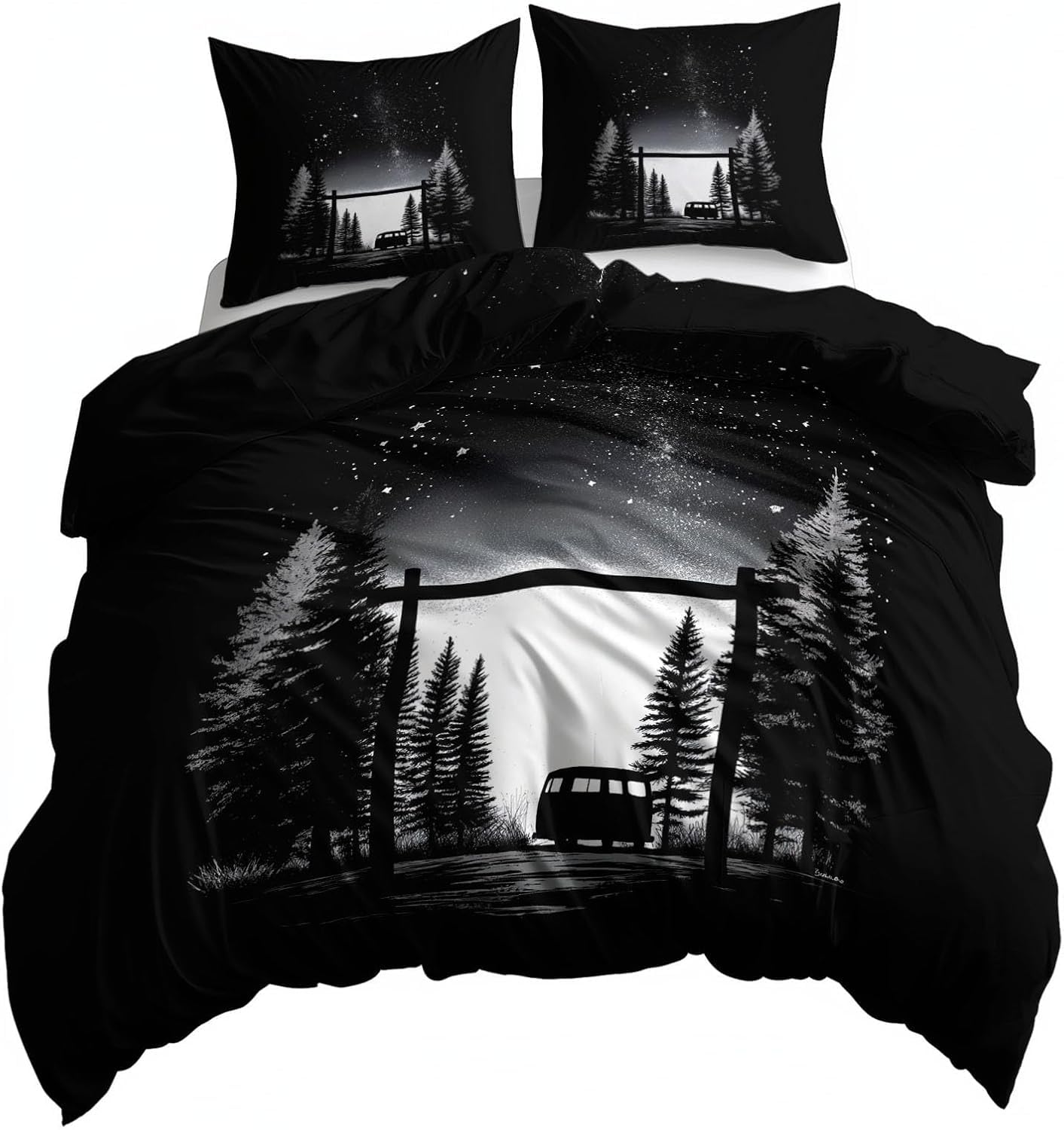Housse de couette galaxie 240x220 parure de lit microfibre 3D noir et blanc motif camping D-227