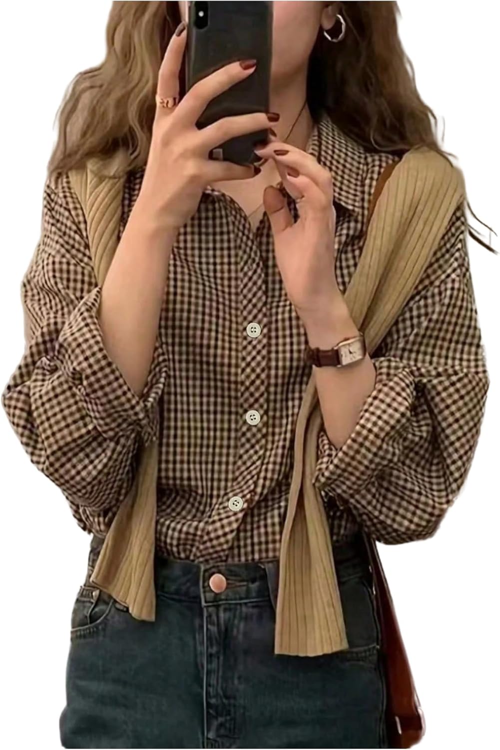 SweatyRocks Women's Plaid Button Down Shirts for Women Long Sleeve Collared Dressy Blouses