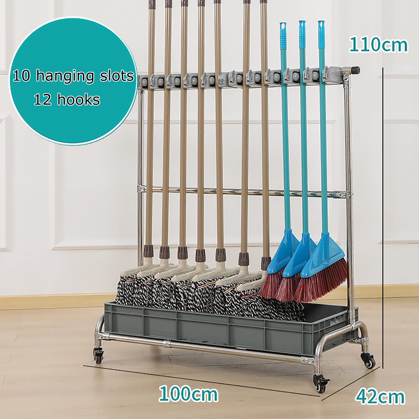 Besen- und Mopphalter, Besen- und Moppständer, kann verschoben Werden, Reinigungswerkzeugwagen, Besenhalter-Organizer, beweglicher Schrank, Aufbewahrungsschrank, Moppständer, Werkz