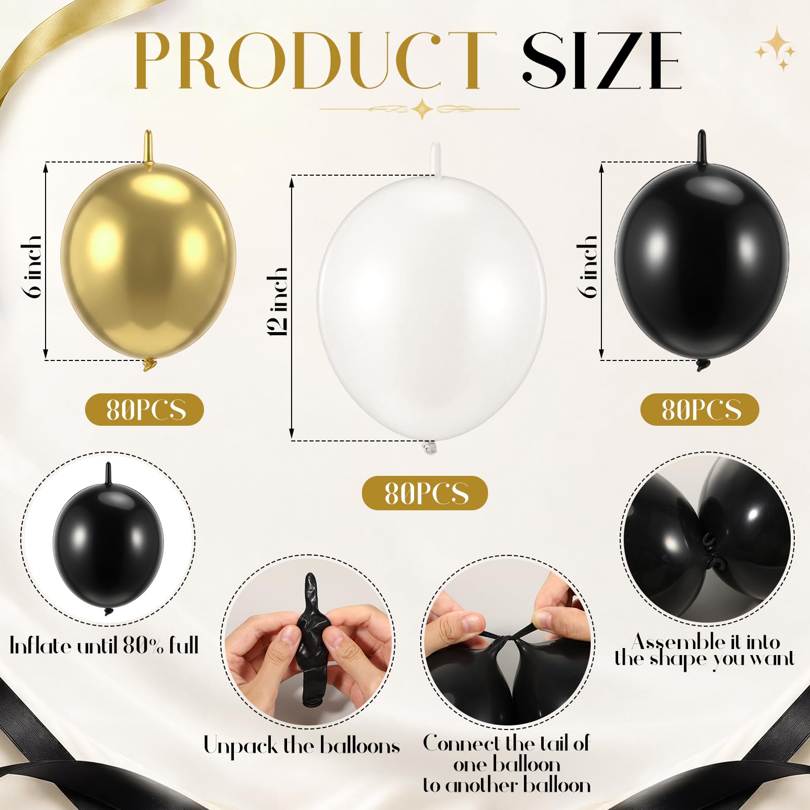 Soulchen Set di 240 palloncini con collegamento con perle, 15,2 cm, 30,5 cm, per catene di palloncini fai da te, ghirlande, decorazioni da parete, feste di compleanno, laurea (oro, bianco, nero)