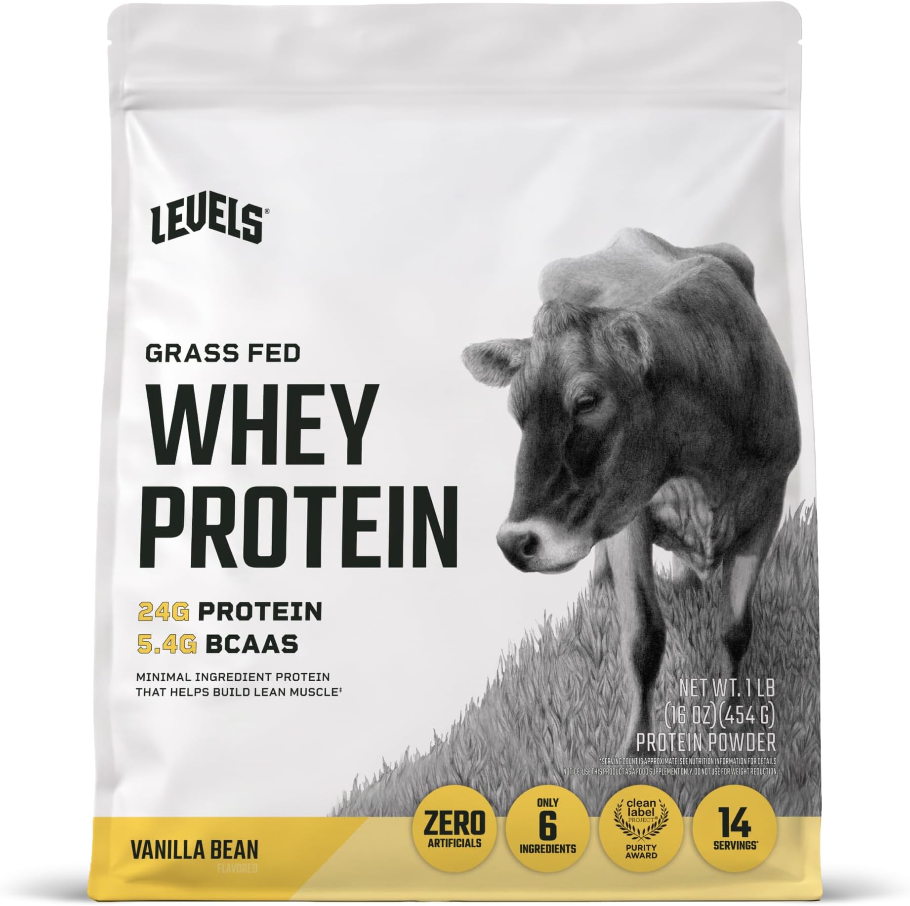 Levels Grass Fed Whey Protein Powder, No Artificials, 24G of Protein, Vanilla Bean, 1LB