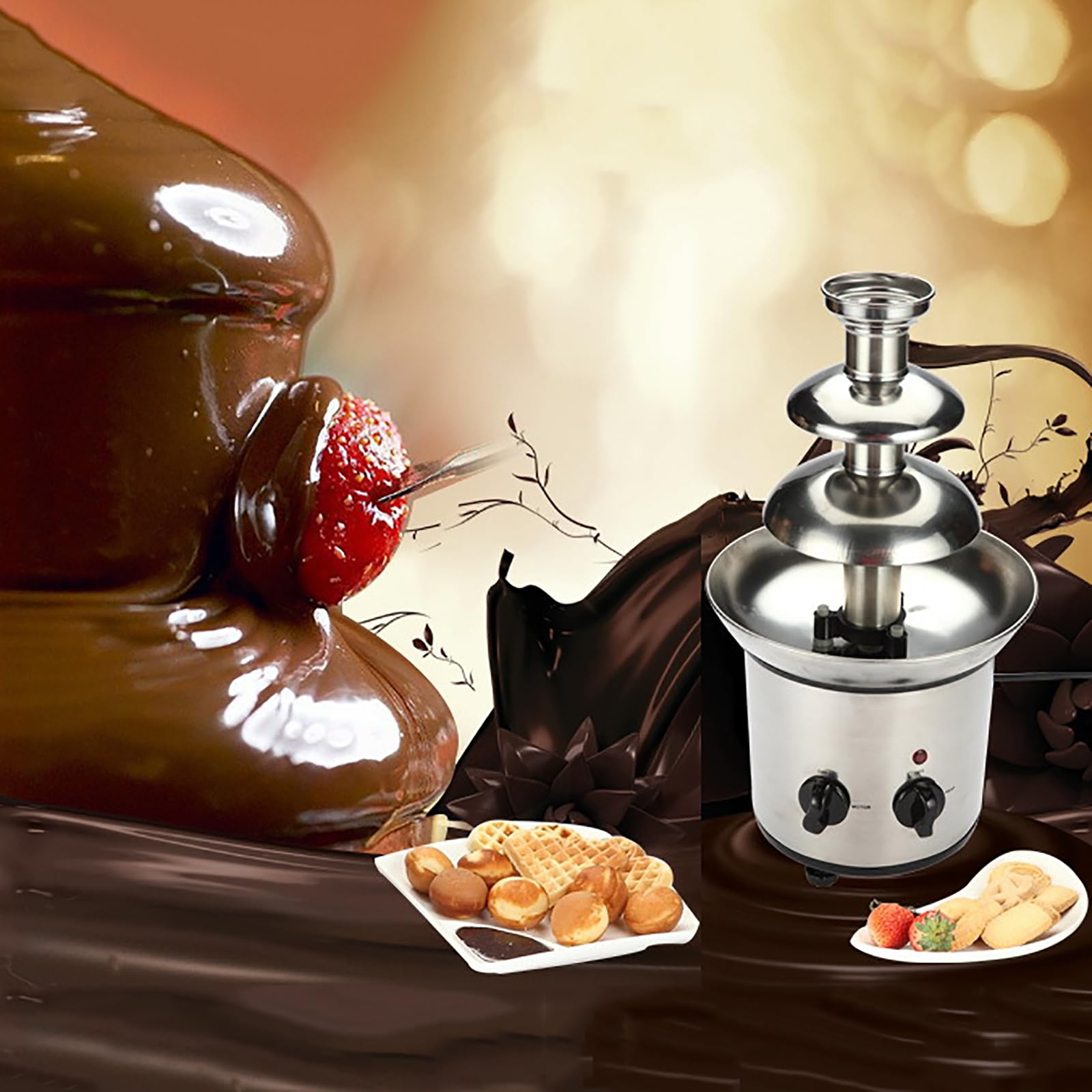 Fontanna czekoladowa, 3-poziomowa maszyna do fondue, stal nierdzewna, łatwa do czyszczenia, prosta obsługa z regulacją pokrętła, idealna na imprezy i wydarzenia, pojemność 970 ml