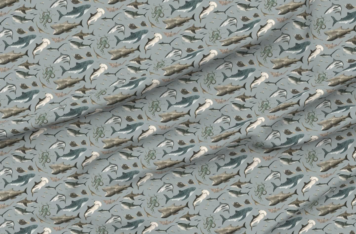 Spoonflower Fabric - Gray Shark Sea Creature Coastal Nautical Beach Marine Maritime Life Printed on Organic Cotton Sateen Fabric by The Yard - Sewing Quilting Apparel Home Decor