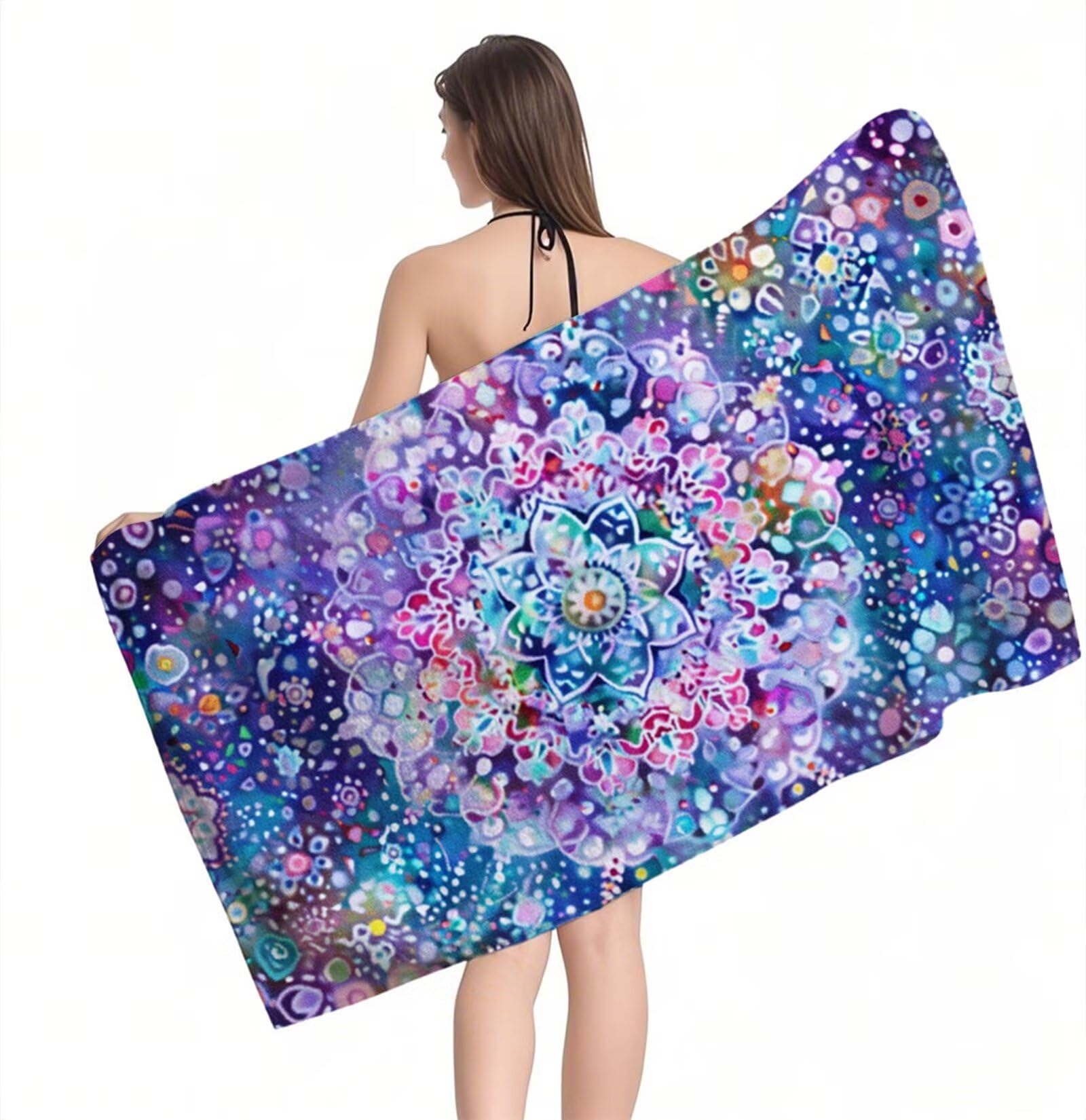Ręcznik plażowy z mikrofibry 220 x 100 cm duży fioletowy ręcznik kąpielowy Mandala mata plażowa anty piasek, ręczniki sportowe, szybkoschnące, kompaktowe i lekkie, do sportu, podróży, sauny, basenu Y1