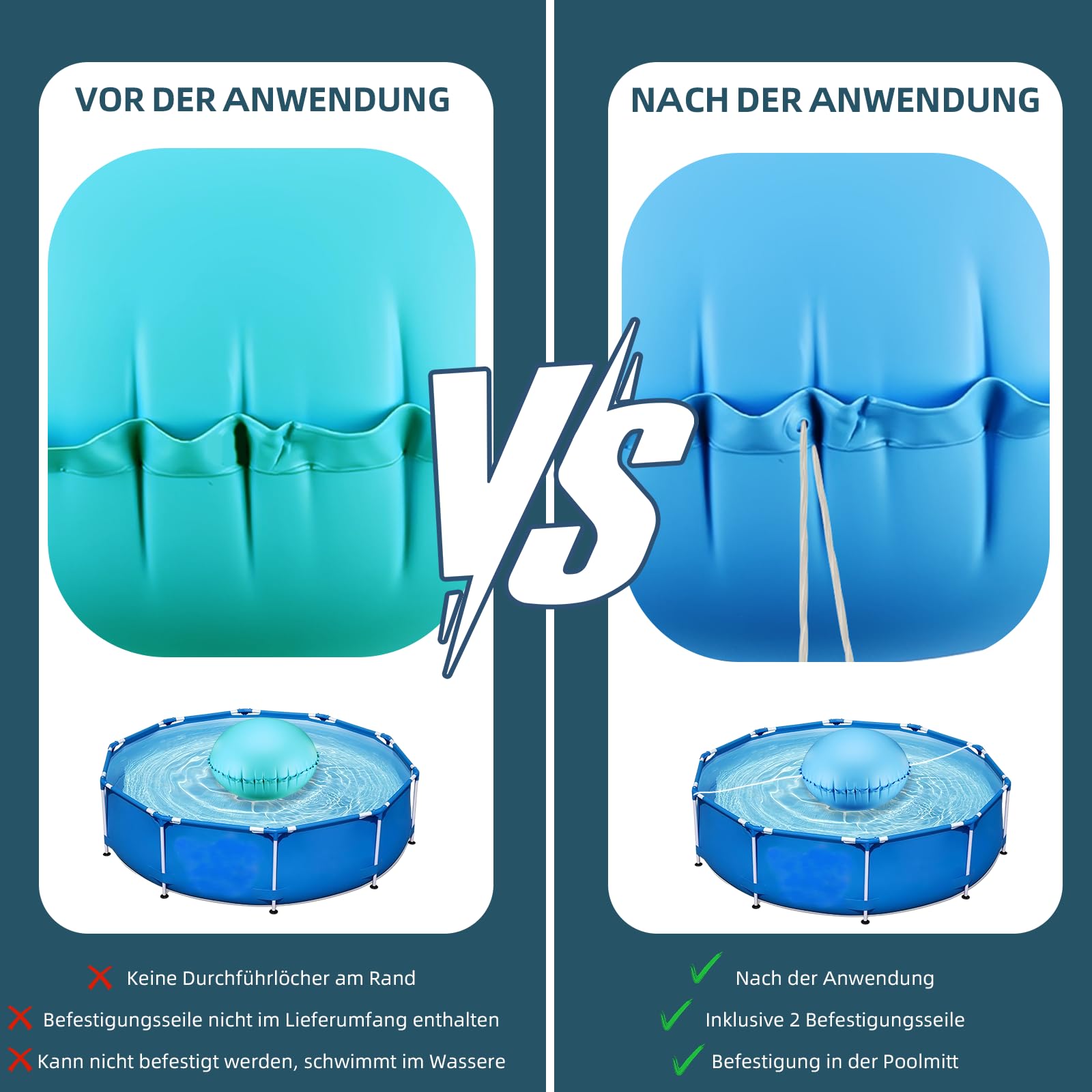 2 Stück runde aufblasbare Pool Winterkissen Ø1.2 m, Luftkissen Pool Winter für Poolabdeckung mit 15m Seil, Zubehör für Winter und schlechtes Wetter
