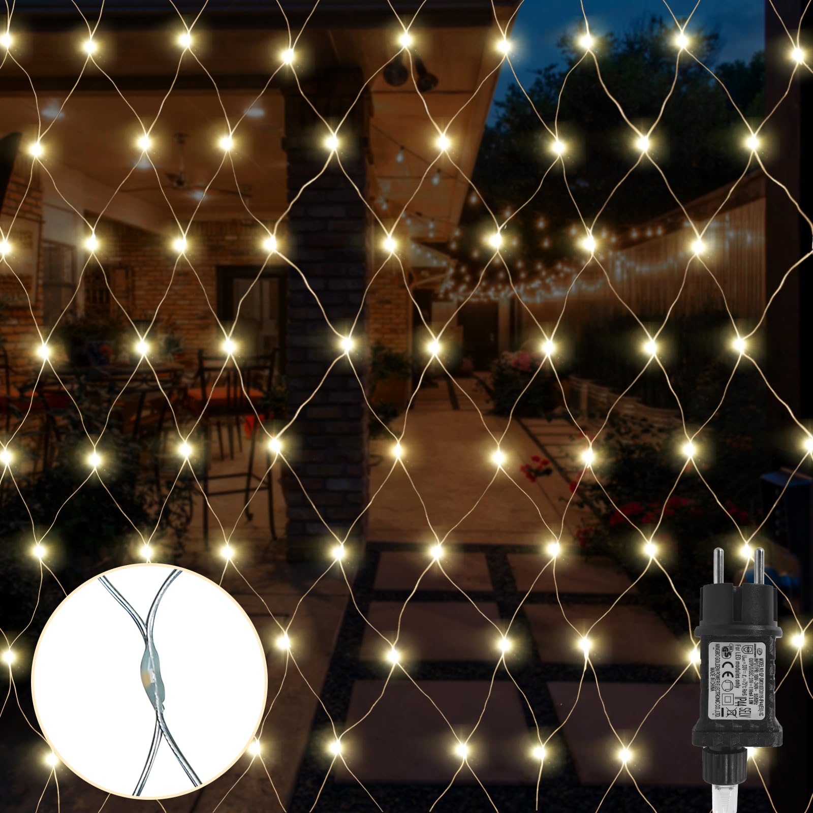Gresonic Lichtsnoer, 104 leds, 1 m x 1,2 m, lichtsnoer, warmwit, decoratieve verlichting, binnen en buiten, Kerstmis, bruiloft, met stekker (warm wit, continu licht, groene kabel, 104 leds