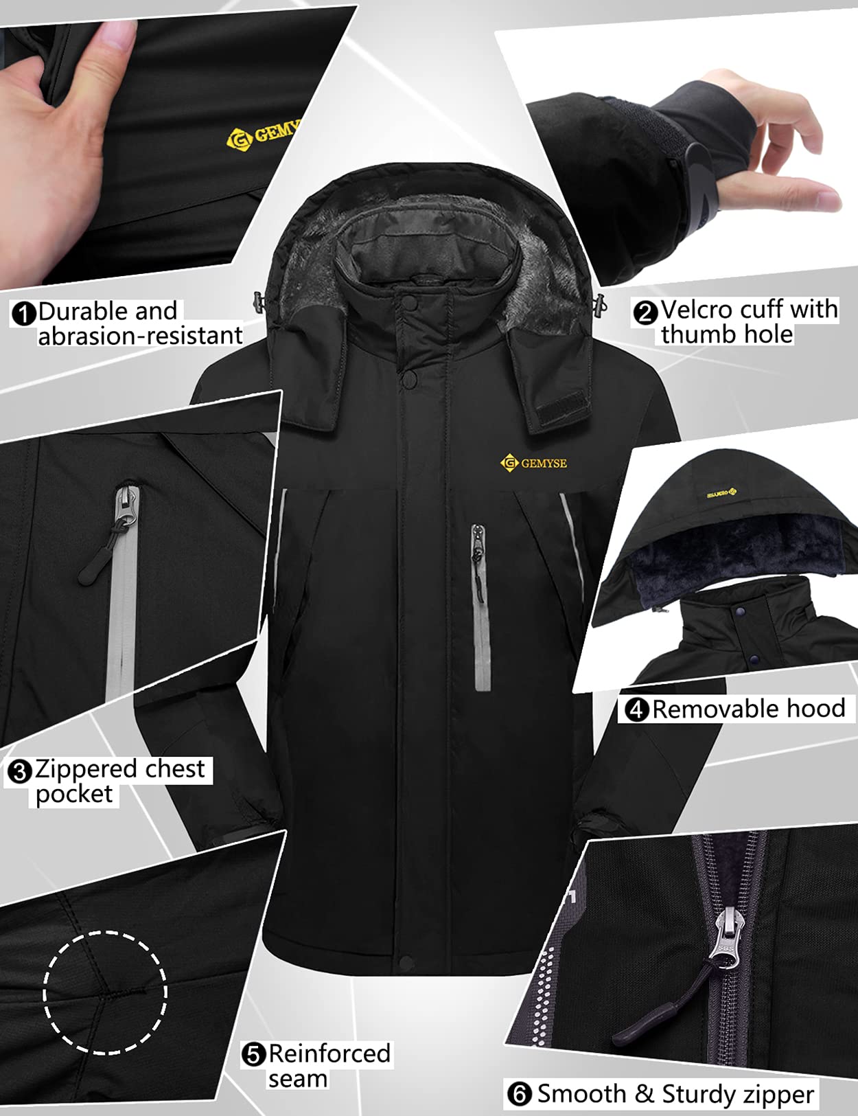 GEMYSE Chaqueta de Esquí Impermeable Hombre Abrigo Invierno Antiviento Capucha