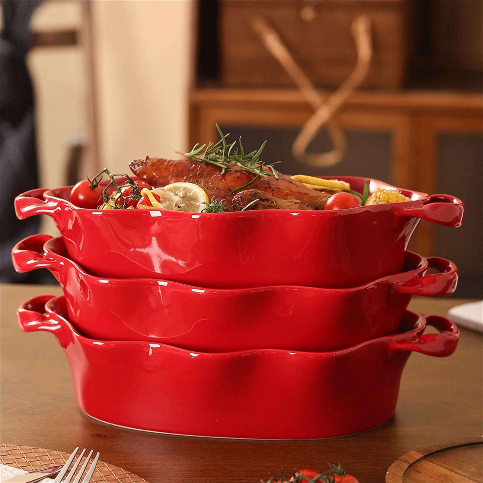 Plat Four Grand Plat de Cuisson en céramique à Bords ondulés Rouges Vintage Plat Gratin