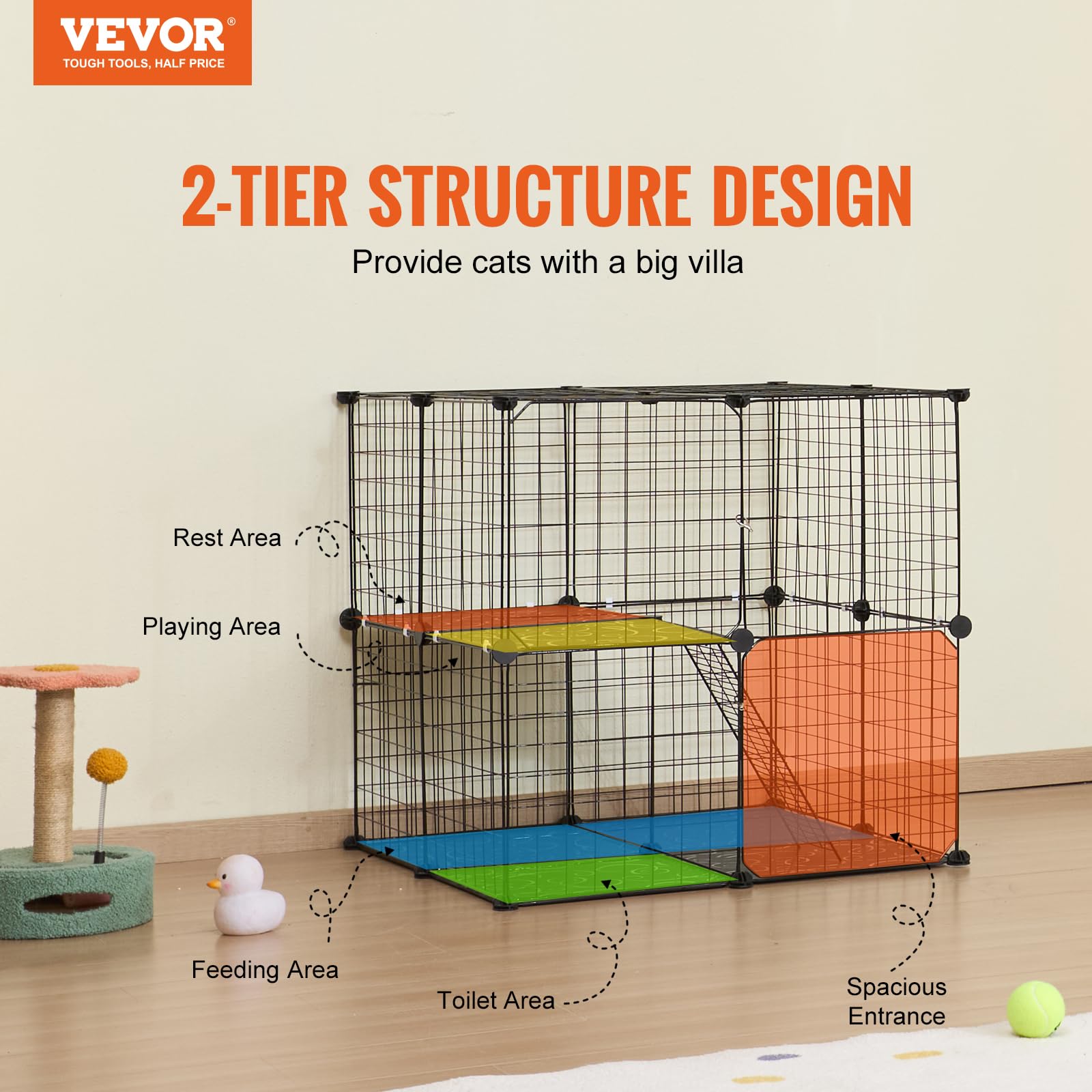 VEVOR Cage Chat 2 Niveaux, Grand Enclos Chats Fil Métallique Modulable à Monter, avec Échelle, Plate-Forme de Repos Réglable, Espace d'exercice Extérieur Intérieur pour Petits Animaux, 711x711x711 mm