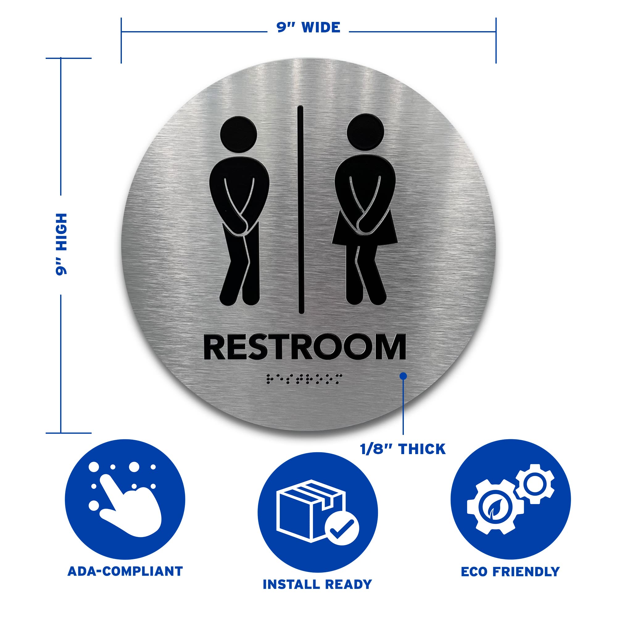 Cartel de baño unisex Circle Boutique de GDS – Iconos elevados y braille de grado 2 – Incluye tiras adhesivas para una fácil instalación – 9 pulgadas de diámetro (aluminio cepillado)