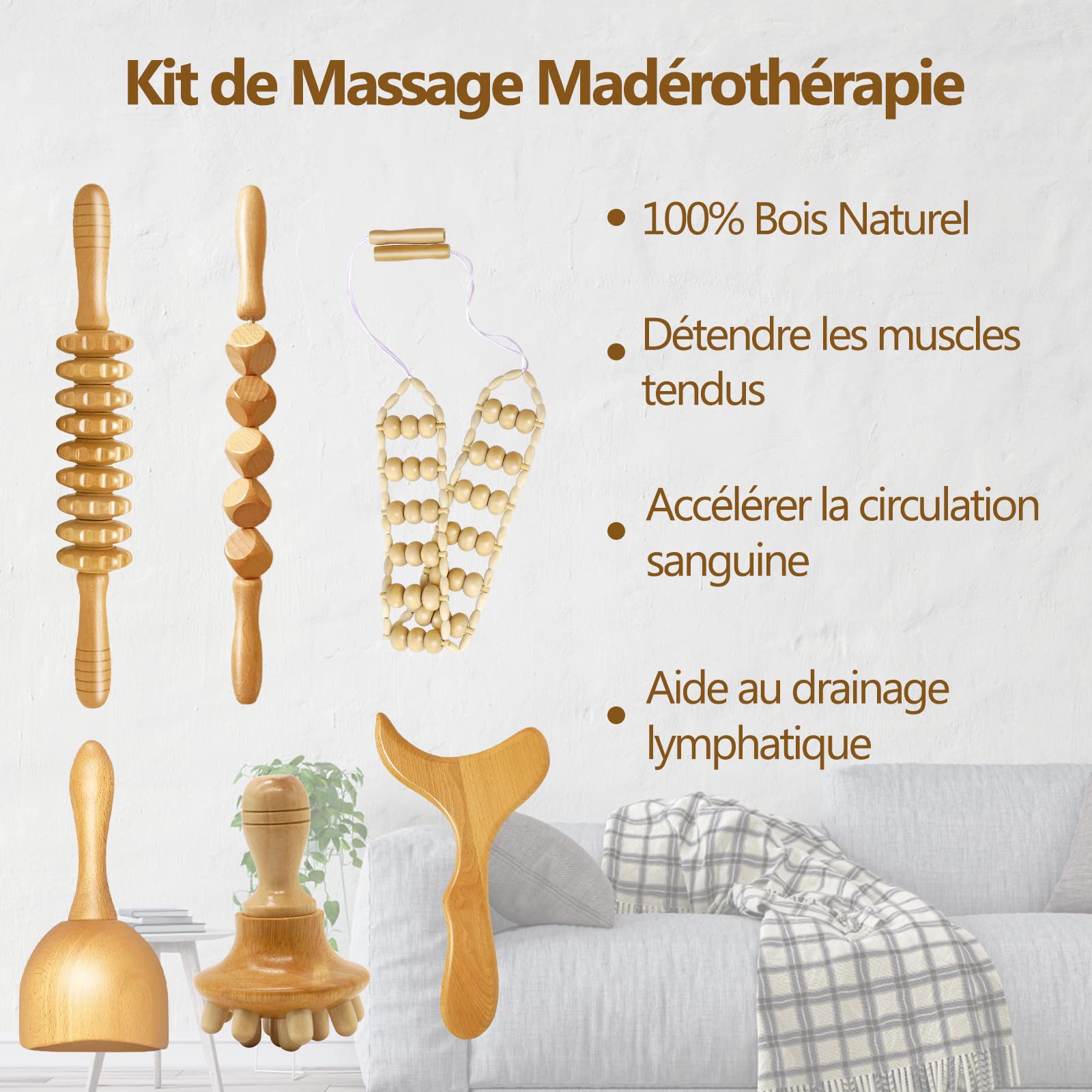 6 en 1 Maderotherapie Kit Complet, Masseur Bois de Anti Cellulite, Rouleau de Massage Gua Sha Cup, Appareil Corps de Drainage Lymphatique, Soulager Muscle le Stress et Relaxation