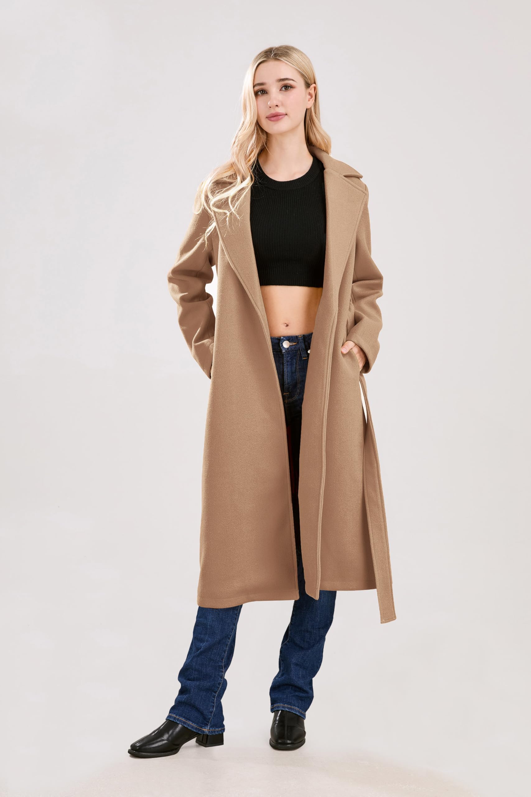 utcoco Cappotto lungo da donna in lana con colletto dentellato aperto sul davanti in misto lana trench con cintura