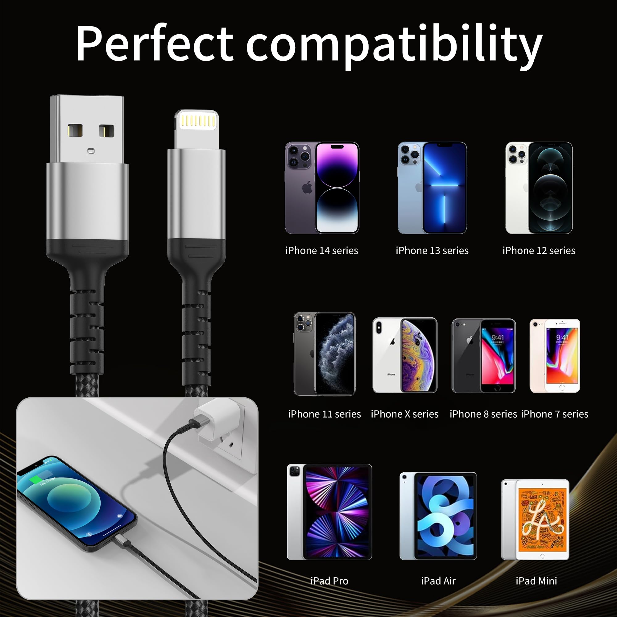 Lot de 2 câbles USB A vers Lightning de 1 m - Certifié MFi - Câble de charge rapide 3 A - Câble de données tressé pour Apple iPhone 14 13 12 11 Pro Max Xs Xr X 8 7 6 Plus SE iPad Air/Mini