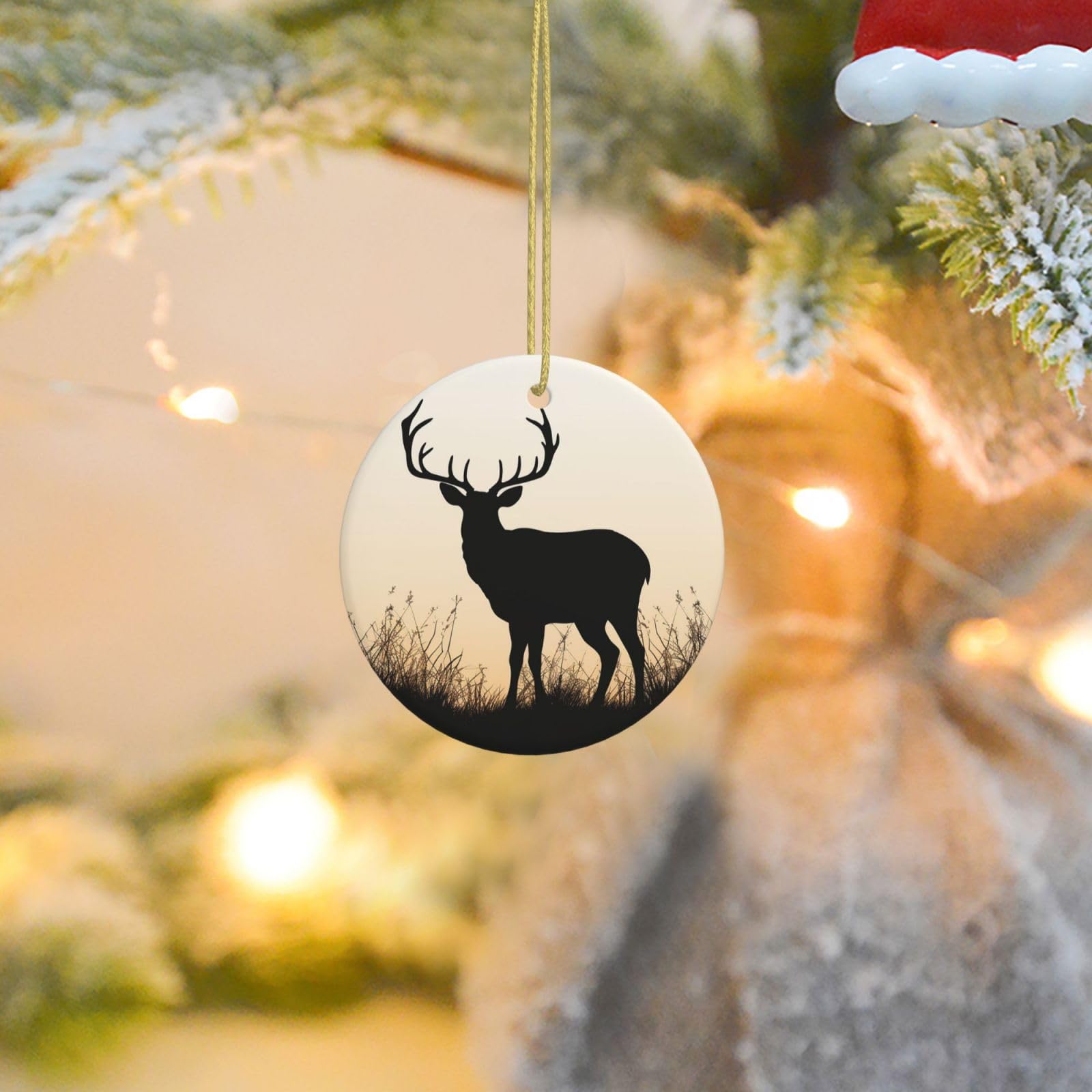 Christmas Tree Ornaments Ceramics Christmas Round Decorations Deer Silhouette Ceramics Ornaments Circle Pentagram Xmas Tree Hanging Pendant for Christmas Tree Party Holiday Home Decor
