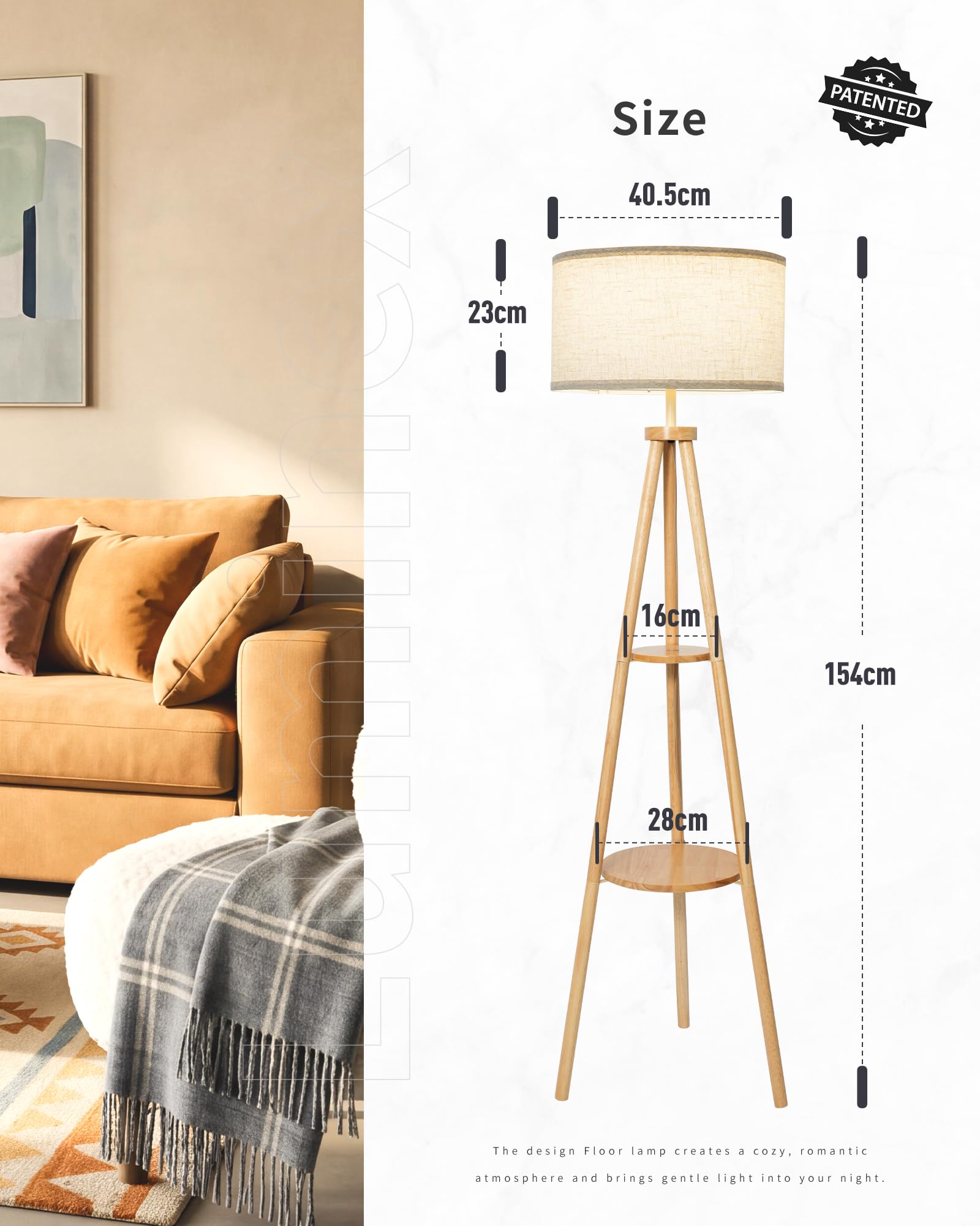 Tripod-Stehlampe aus Holz mit 2 Ablagen, Boho Stehleuchte im skandinavischen Stil, beiger Stoffschirm, E27, Fußschalter, 154 cm hoch, für Wohnzimmer Schlafzimmer Ecke