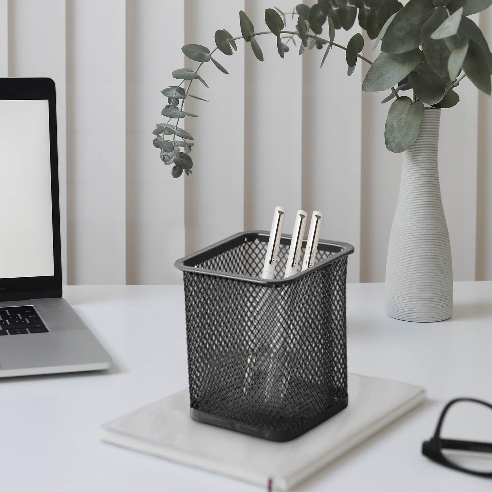 Aryamurti Metal Mesh Pen Holder, Black, Round & Square Cylindrical Design, Anti-Slip Bottom, Desk Organiser for Office Stationery and Sundries (1, Square) 1