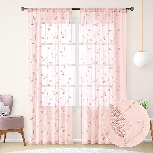 HOMEIDEAS - Cortinas transparentes de 52x84 pulgadas de largo, 2 paneles bordados de color rosado con diseño de hojas, hecho de lino sintético,