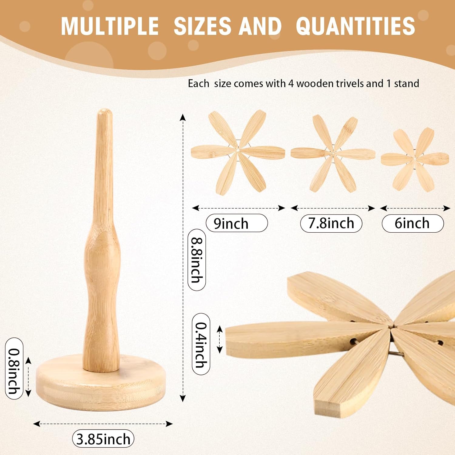 12 Pcs Foldable Wooden Trivet for Hot Dishes Set, 3 Sizes Tree Shape Kitchen Coasters with 3 Stands for Pots Holders, Plates, Potted Plants, Bowls, Decoration(Bamboo Color)