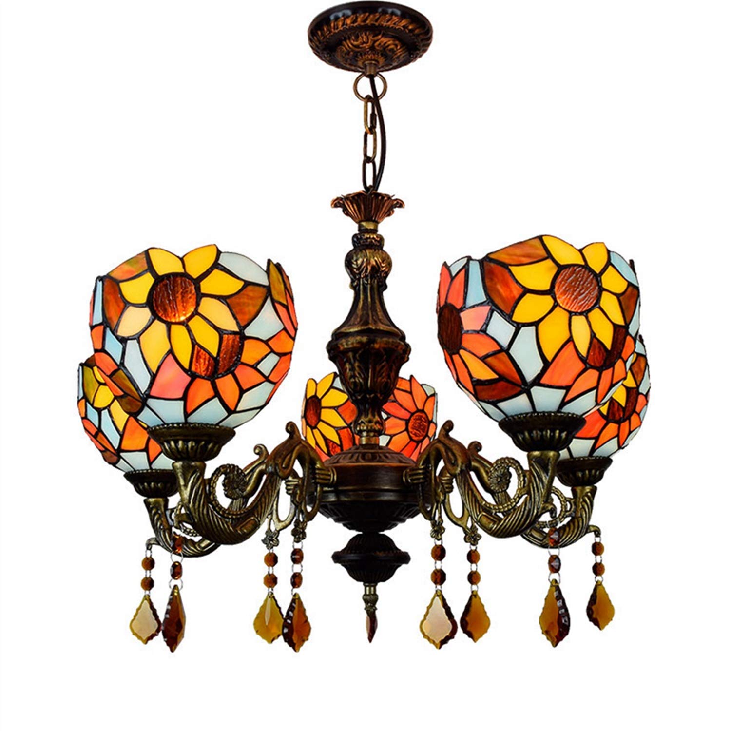 CENAP Tiffany Glass Chandelier 24 Inch Tiffany Retro Creative Sunflower Chandelier Living Room Hallway Corridor Dining Bedroom Bar Five-Head Chandelier Tiffany Stained Glass Crystal Chandelier