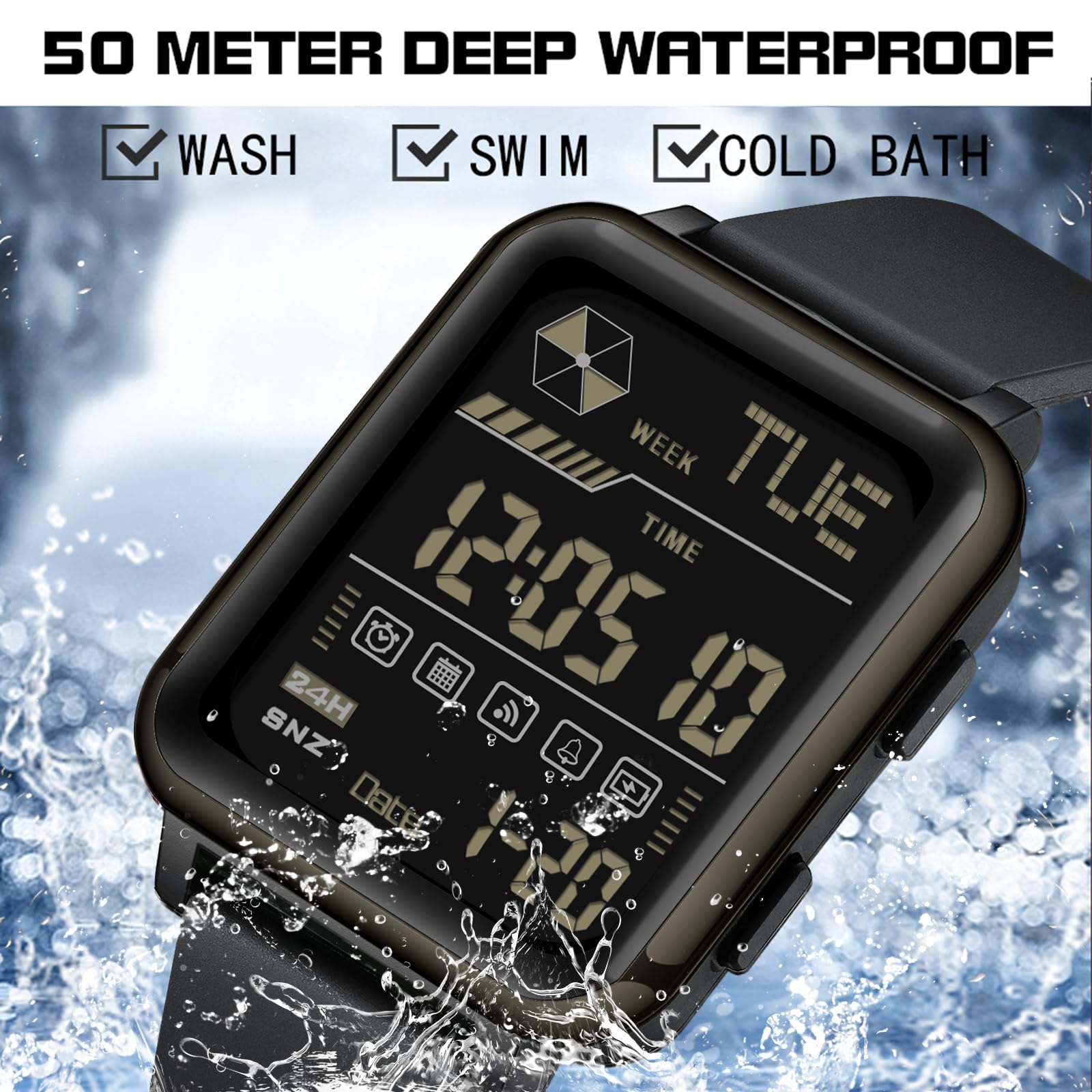 findtime Orologio da polso digitale da uomo, al quarzo, con data luce, cronometro 50 m, impermeabile, sportivo, digitale, per uomini, numeri grandi, rettangolare, coutdown Dual Time 12/24H, Nero
