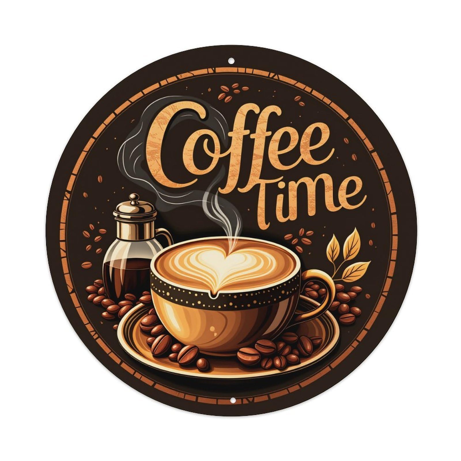 Coffee Cup Steam Beans Leaves Round Tin Sign Vintage Metal Poster, Home Bar Garage Man Cave Cafe Indoor & Outdoor Wall Decoration 8x8Inches