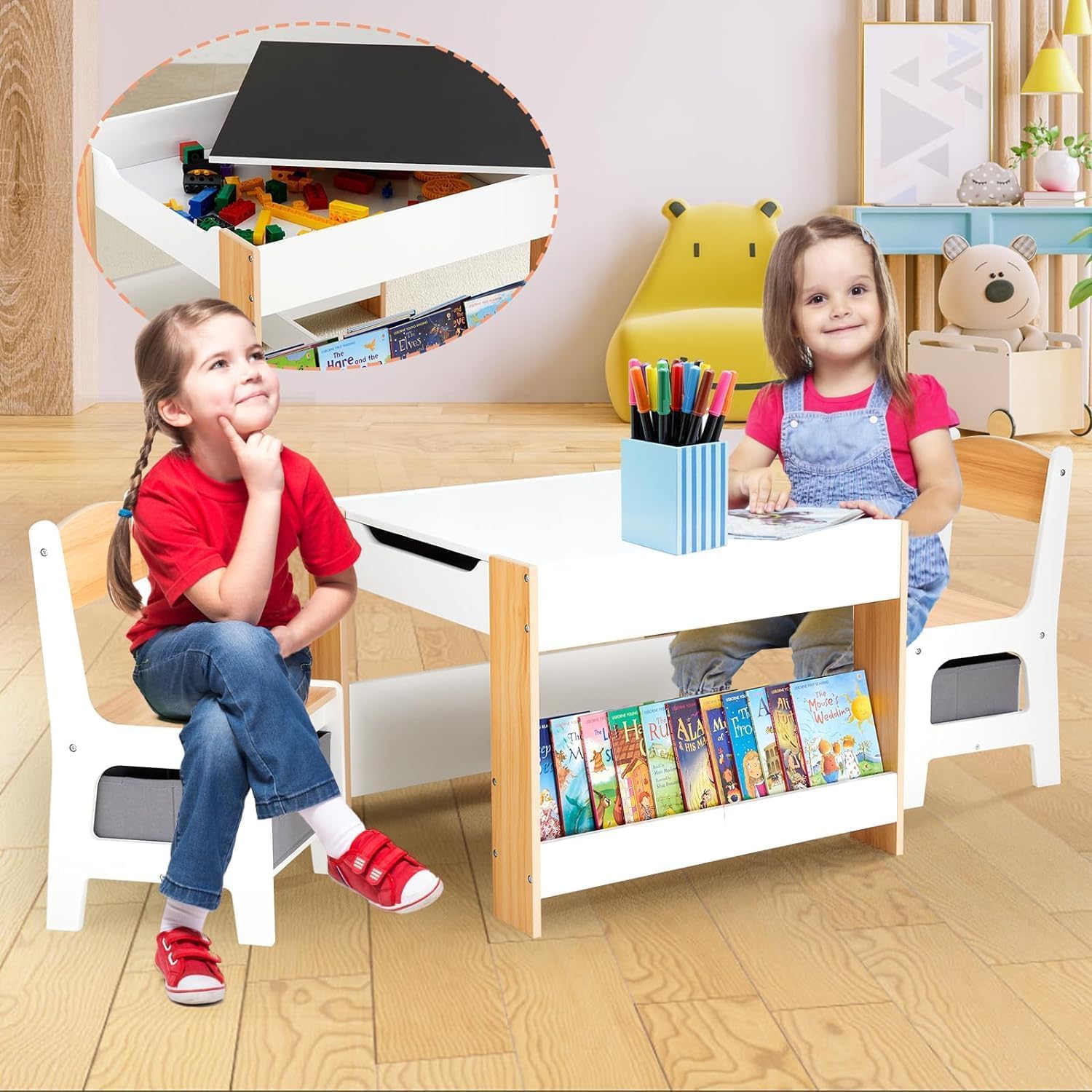 Asweets Ensemble Table et Chaises pour Enfants, Bureau 4 en 1 avec Tiroir De Rangement, Table d'Activités en Bois pour Plateau Amovible 2 en 1, avec Bibliothèque