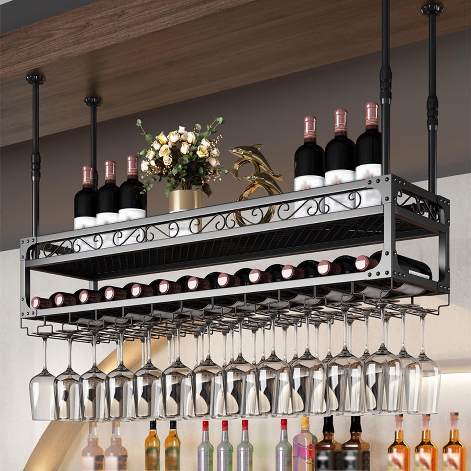 MARXAN Casier à vin Rangement Suspendu Multicouche pour Bar, Support Industriel monté au Plafond pour Le Stockage de Verres à Vin et de Bouteilles de Cuisine de Restaurant