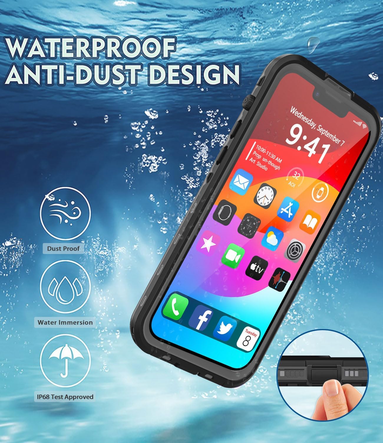 Design for iPhone 14 Waterproof Case, Full Body Shockproof Dust Proof Phone Case Cover with Screen Protector - Black - Image 5
