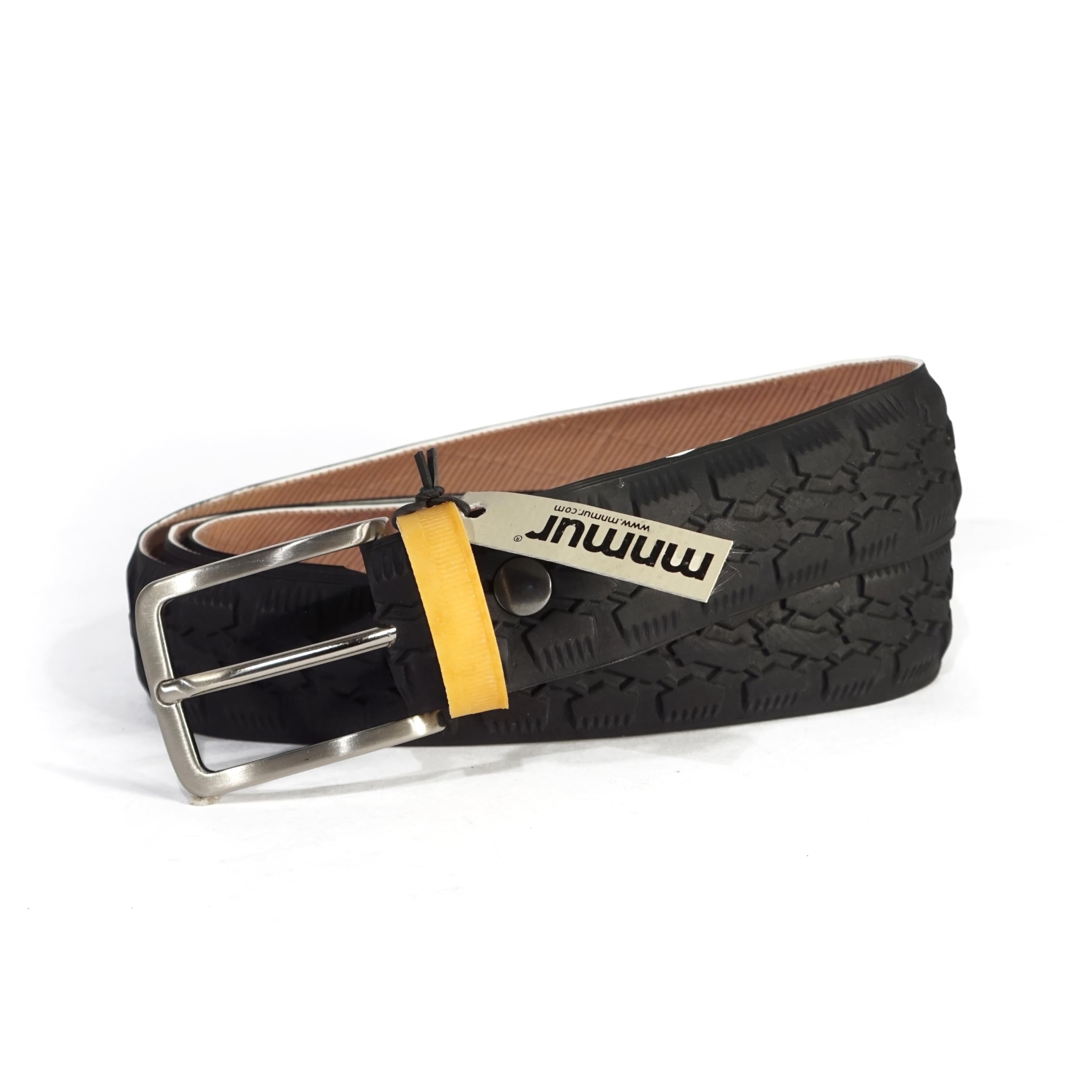 MNMUR Cintura Uomo Nera Elegante e Sottile in Tessuto Riciclato da Copertone di Bicicletta - Fatta a Mano in Italia - Taglia S/M (girovita 92.5-105 cm), Fibbia da 3,5 cm, Lunghezza 118 cm