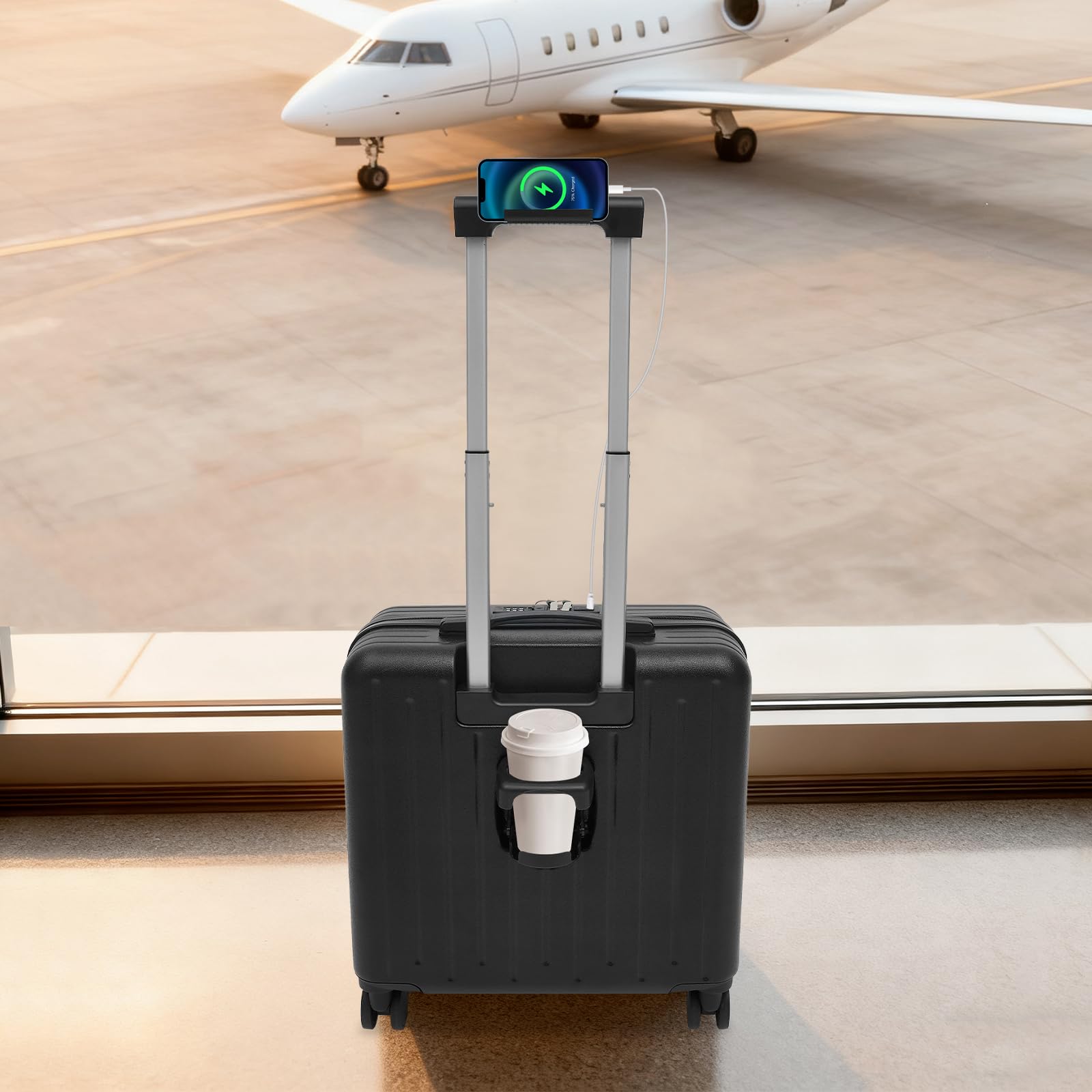 18" Handgepäck Aktenkoffer, Reisekoffer mit 3-Stelliges Codeschloss, Laptopfächern, Getränkehalter, Leisen Spinner-Rollen, Koffer für Reisen Geschäft, Schwarz, 45x24x41 cm