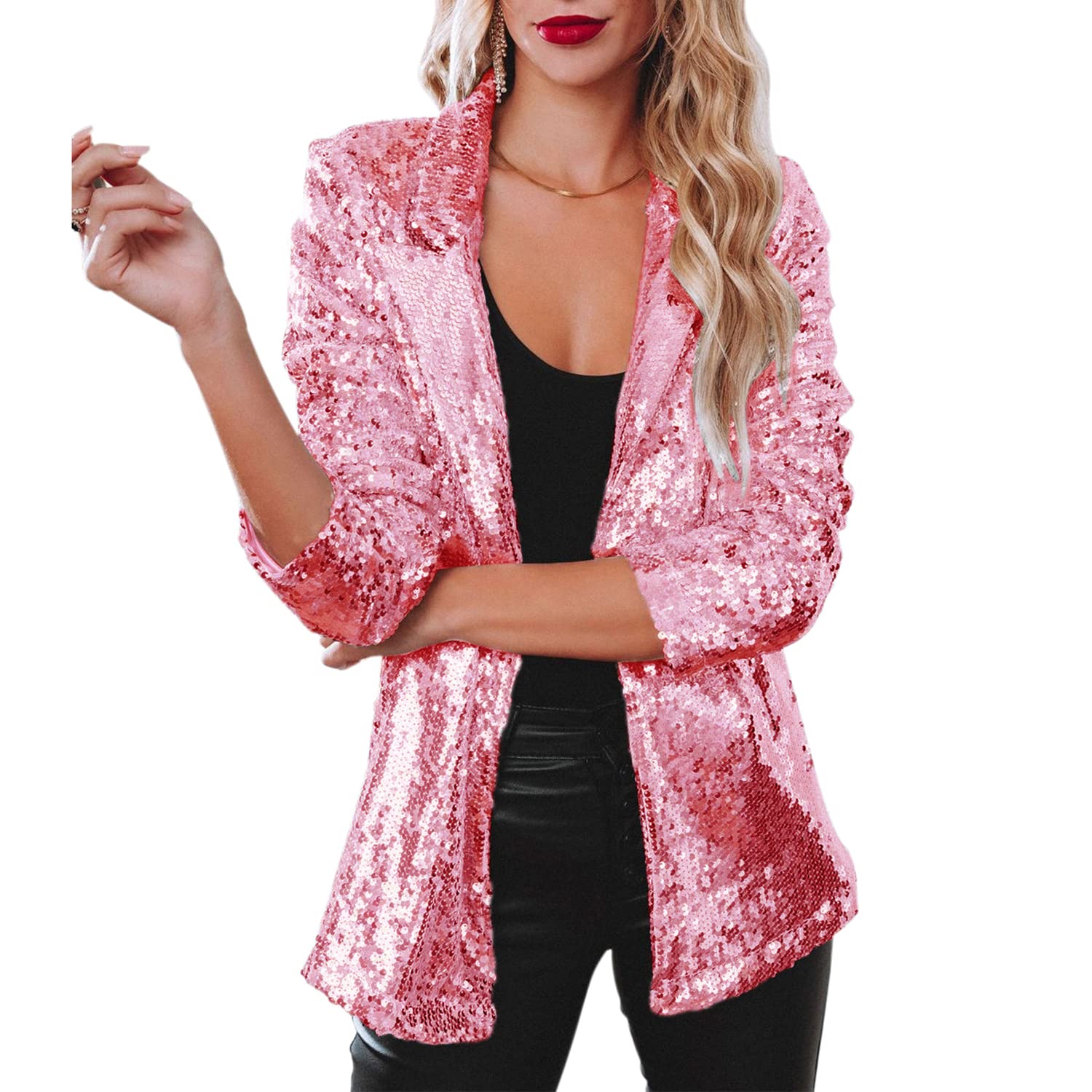 ALLUMK Women Evening Bling Sequin Jacket Open Front Work Blazer Long Sleeve Laple Cardigan Coat