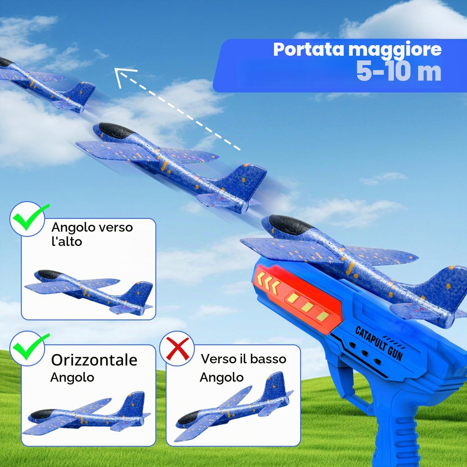 Aereo Polistirolo con Pistola Catapulta, 4 Pezzi Aereo Giocattolo, Aereo in Schiuma Giocattolo Giochi Giardino Esterno, Aliante Aeroplano Schiuma Giochi Bambini 3-8 anni