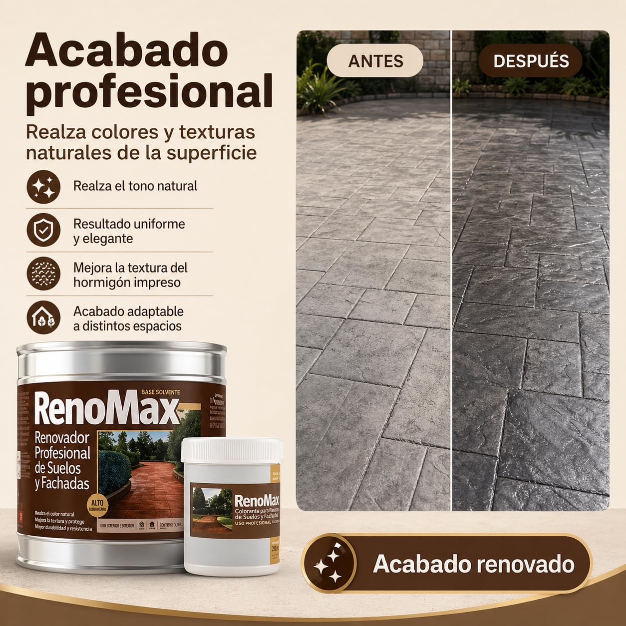 Renomax - Resina Hormigon Impreso y Superficies Porosas Al Disolvente + Tinte Hormigon Impreso Color Cuero, 5L Cubre hasta 50m² | Repara y Protege Suelos,Fachadas | Fácil de Aplicar, Garantía 5 Años