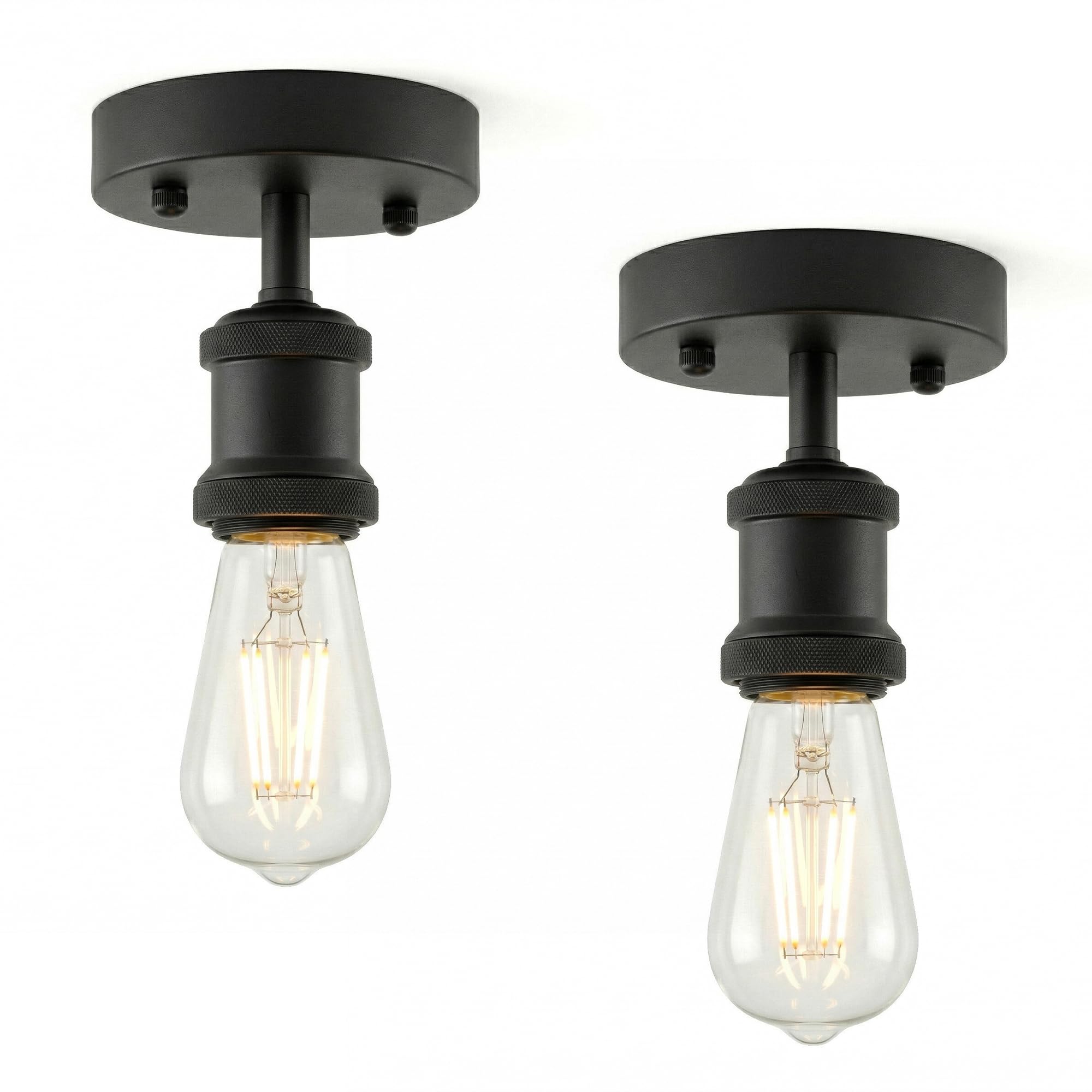 DC VOLTAGE Flush Mount Ceiling Light 2 Pack Black Industrial Pendant Light E27 Lamp Holder Retro Single Head Ceiling Fixture for Living Room Dining Room Hallway