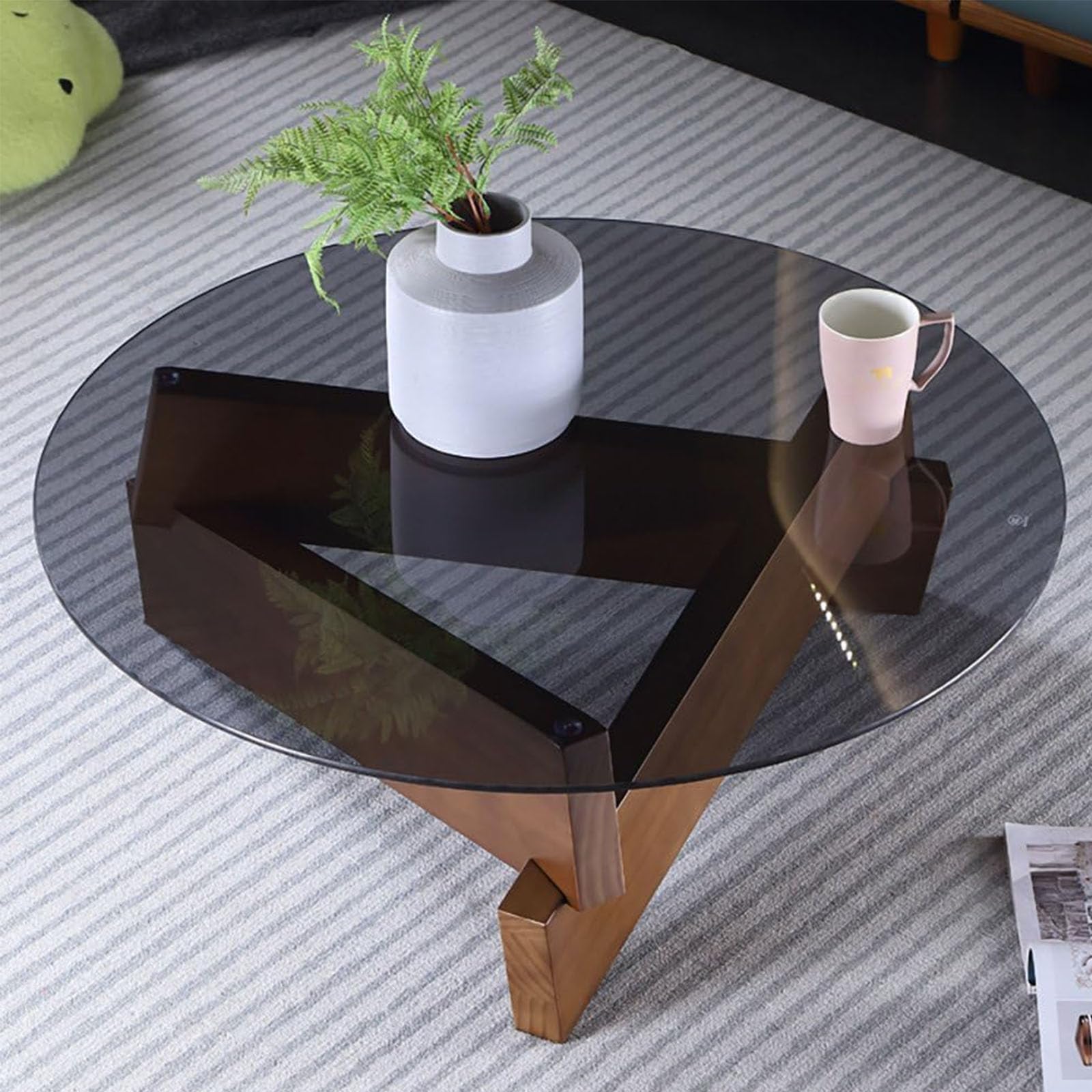 Coffee Table Triangle Glass Coffee Table Modern Glass Coffee Table with Solid Wood Legs Farmhouse Mid Century Center Table for Living Room Patio Study (Brown)