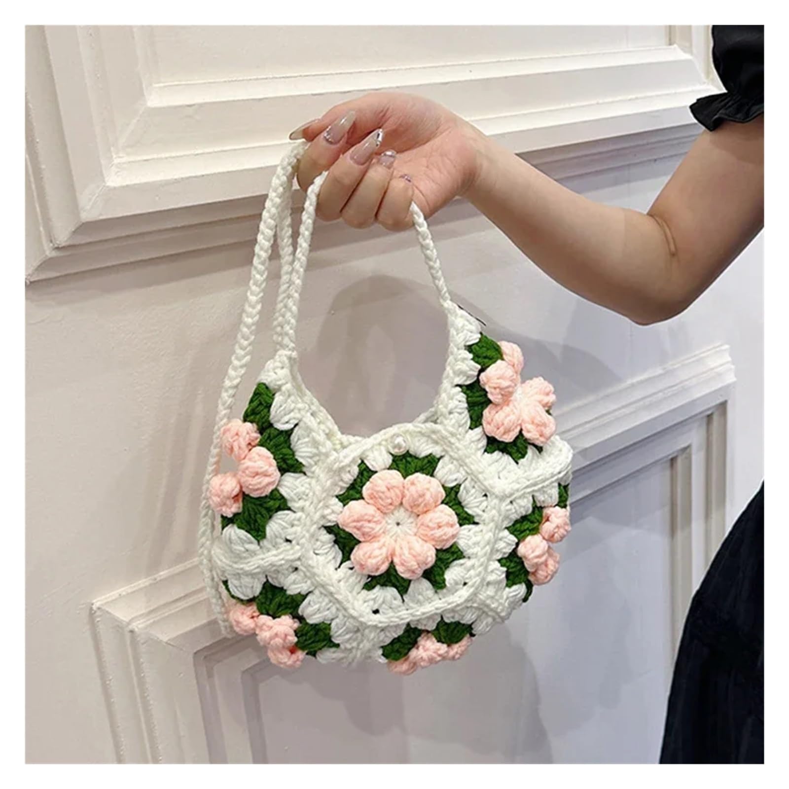 Bolso De Punto Con Flores Bolso de punto de verano for niñas, pequeño bolso bandolera con flores frescas, informal, de calle, tejido a mano, for mujer