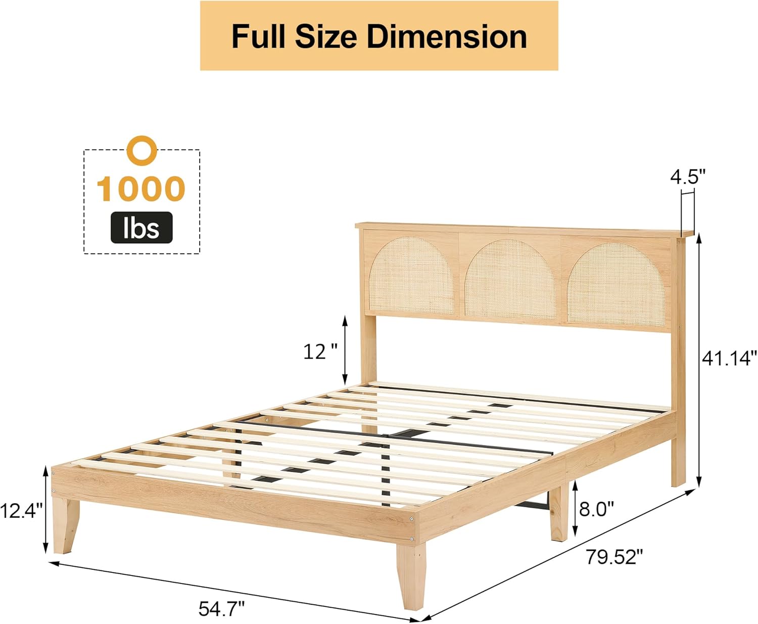 12.4 Inch Deluxe Solid Wood Full Size Bed Frame with LED Lights & Curved Rattan Headboard & Wooden Support Legs, Modern Platform Bed Frame, No Box Spring Needed, Easy Assembly