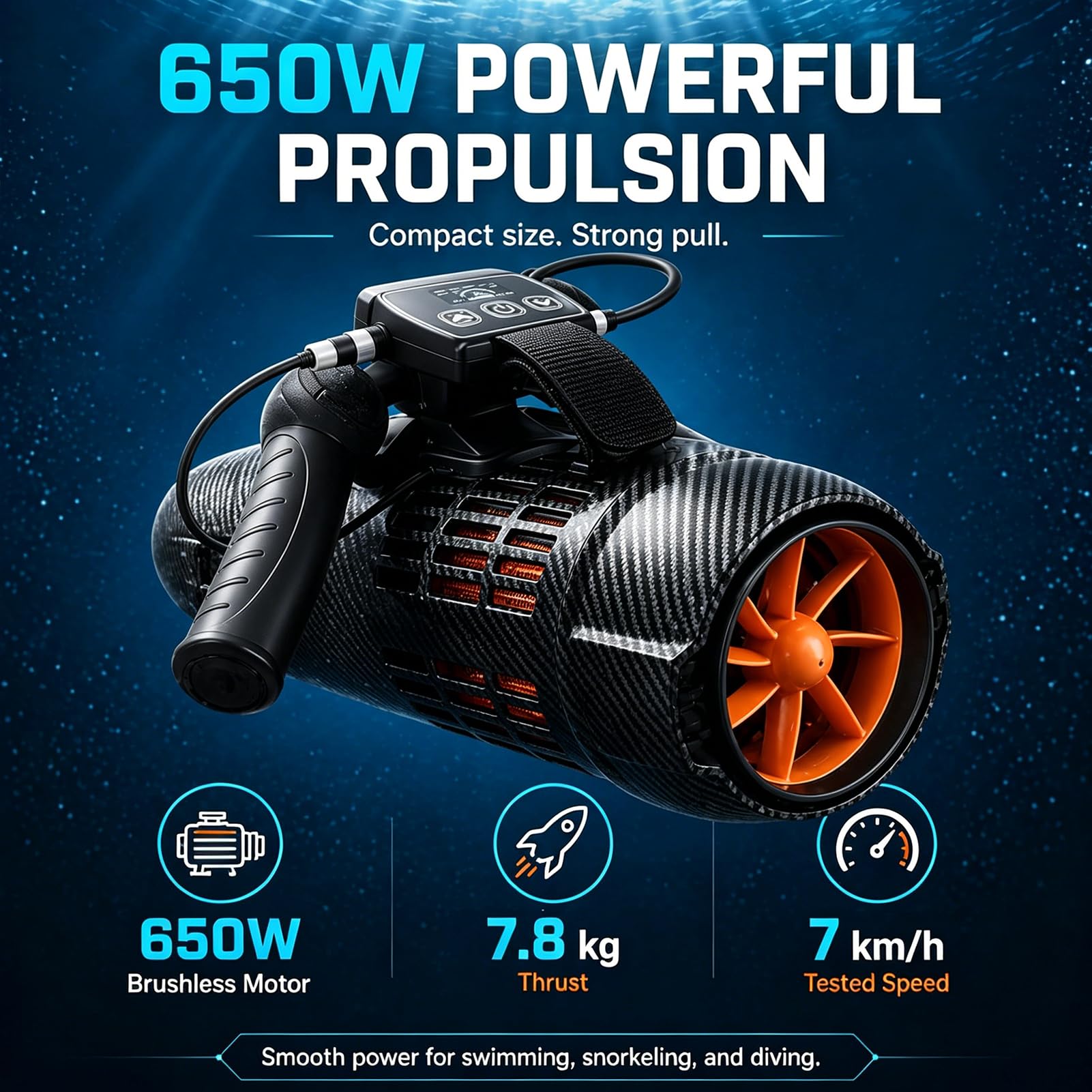 Scooter Submarino de 650W, Vehículo de Propulsión Subacuática para Buceo con 2 Baterías de 4400mAh y 2 Gafas de Natación, Profundidad Máxima de 40 m, Velocidad Máxima de 7 km/h, Empuje de 7,8 kg