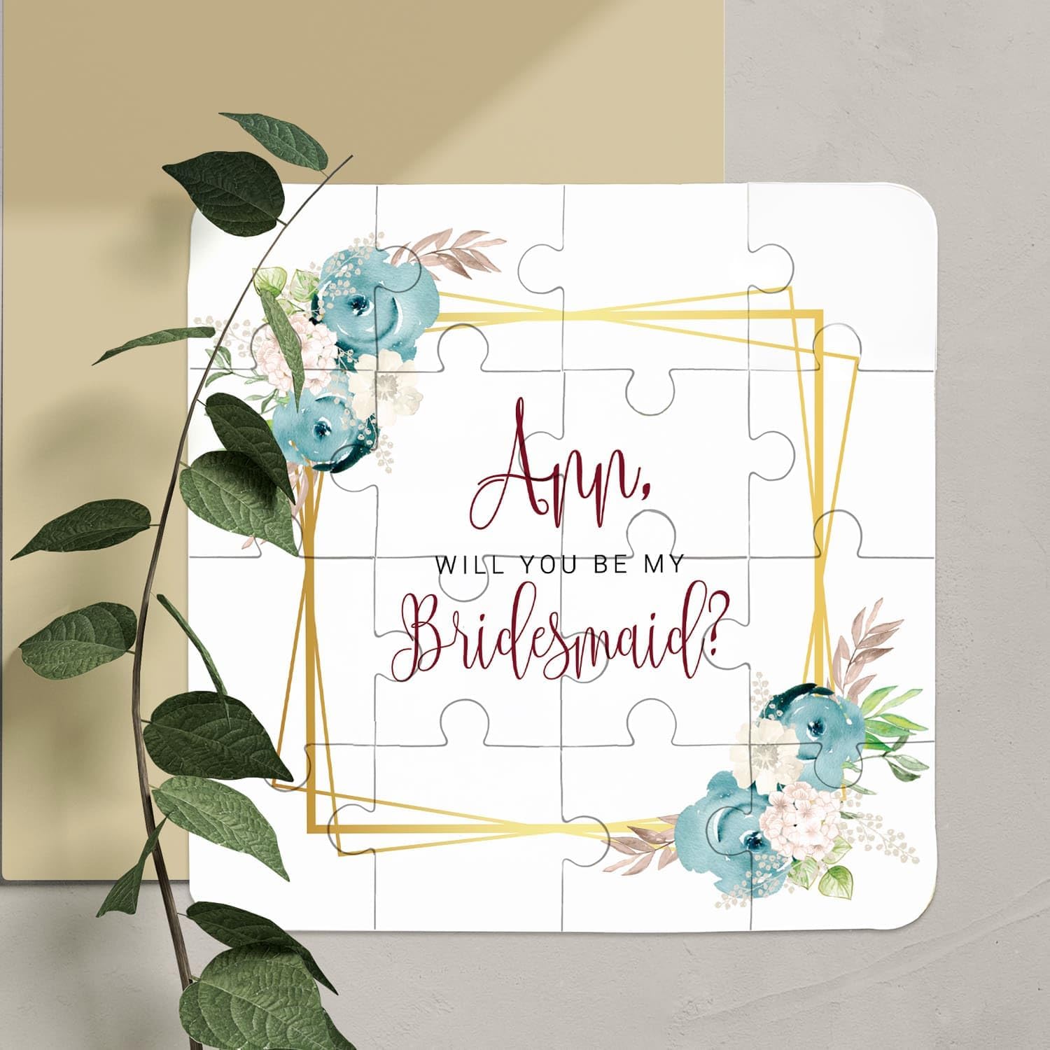 Custom Personalized Will you be my Bridesmaid Proposal Puzzle with Dusty Blue Flowers and Gold geometric frame, Flower Girl Proposal, Maid of Honor Proposal