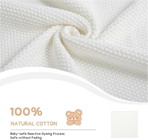 Miniatura 6 de Manta de bebé 100% algodón tejida con encaje suave y cálido, 30 x 40 pulgadas, color blanco