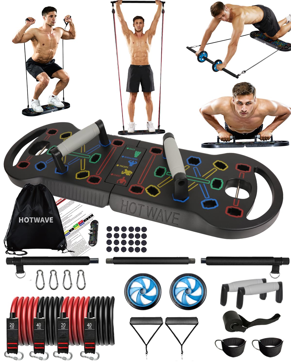 HOTWAVE Portable Exercise Equipment with 16 Gym Accessories.20 in 1 Push Up Board Fitness,Resistance Bands with Ab Roller Wheel,Home Workout for Men