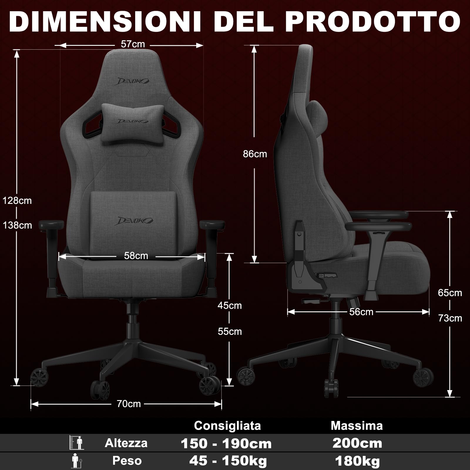 Devoko Sedia Gaming Ergonomica in Tessuto Traspirante, Schienale 90–135°, Braccioli 3D Regolabili, Supporto Lombare e Poggiatesta, Sedia Ufficio Gaming per Adulti, Grigio Scuro