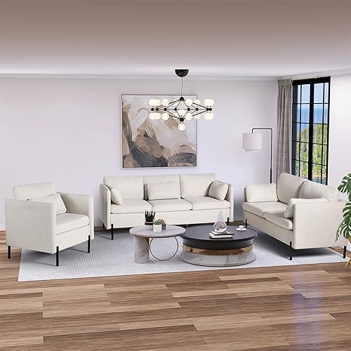 LINLUX Living Room Furniture Sets, Modern Sofa Set Loveseat Sofa Couches for Living Room w/Pillows, Linen Small Couch for Small Space, Bedroom, Apartment, Office(Cream Beige, Chair,Loveseat&Sofa)
