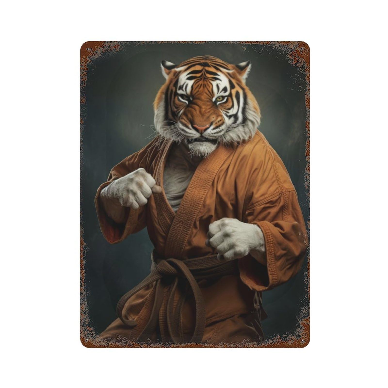 Karate Tiger 15.7"x11.8" Aged Metal Wall Plaque, Retro Wall Decor for Farmhouse, Kitchen And Entryway Decor