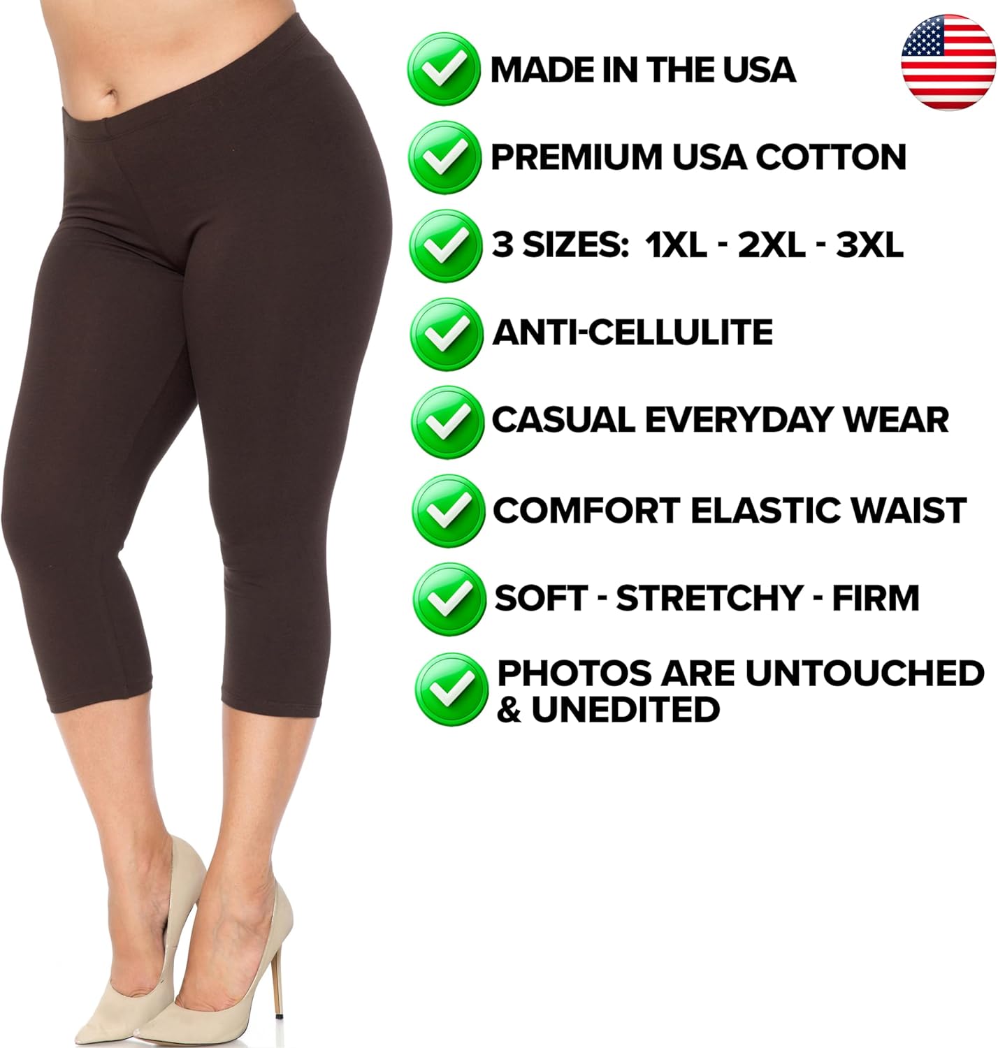 Made in The USA - Women's Skin Smoothing Plus Size Solid Basic Cotton Capri - Image 2