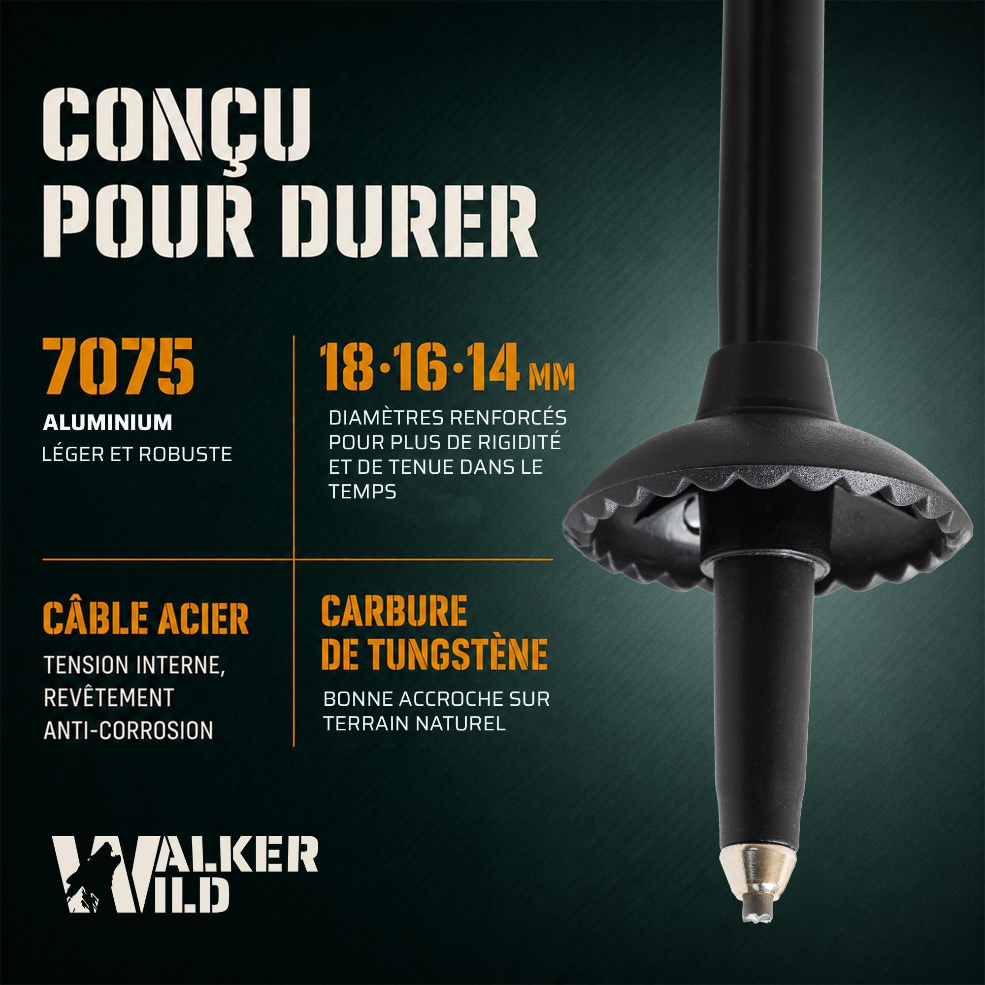 Bâtons de Randonnée Pliables Aluminium 7075 Lot de 2 | 115-135 cm, poignées EVA/liège, format 35 cm, pointes carbure